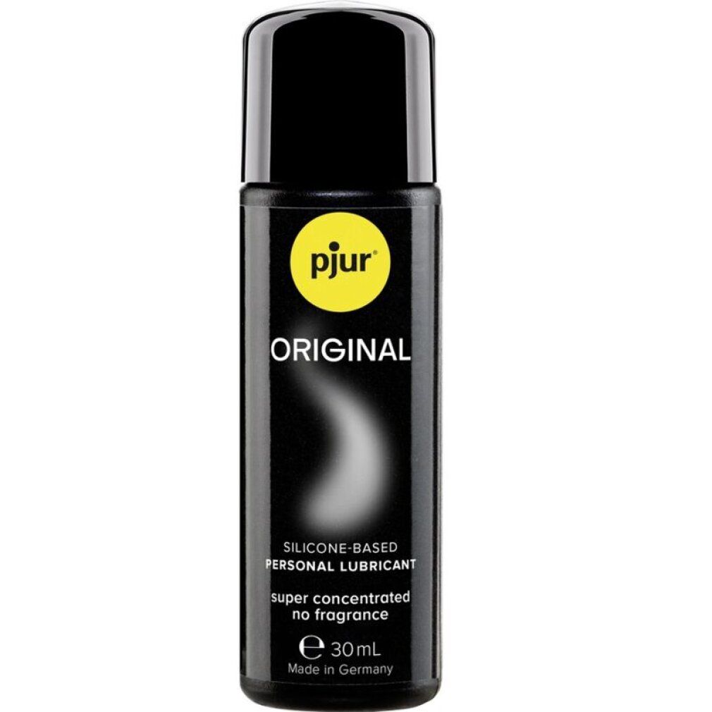 Schwarze Flasche mit gelbem Logo. Aufschrift: pjur ORIGINAL, SILICONE-BASED PERSONAL LUBRICANT, super concentrated no fragrance, 30 ml. Hergestellt in Deutschland.