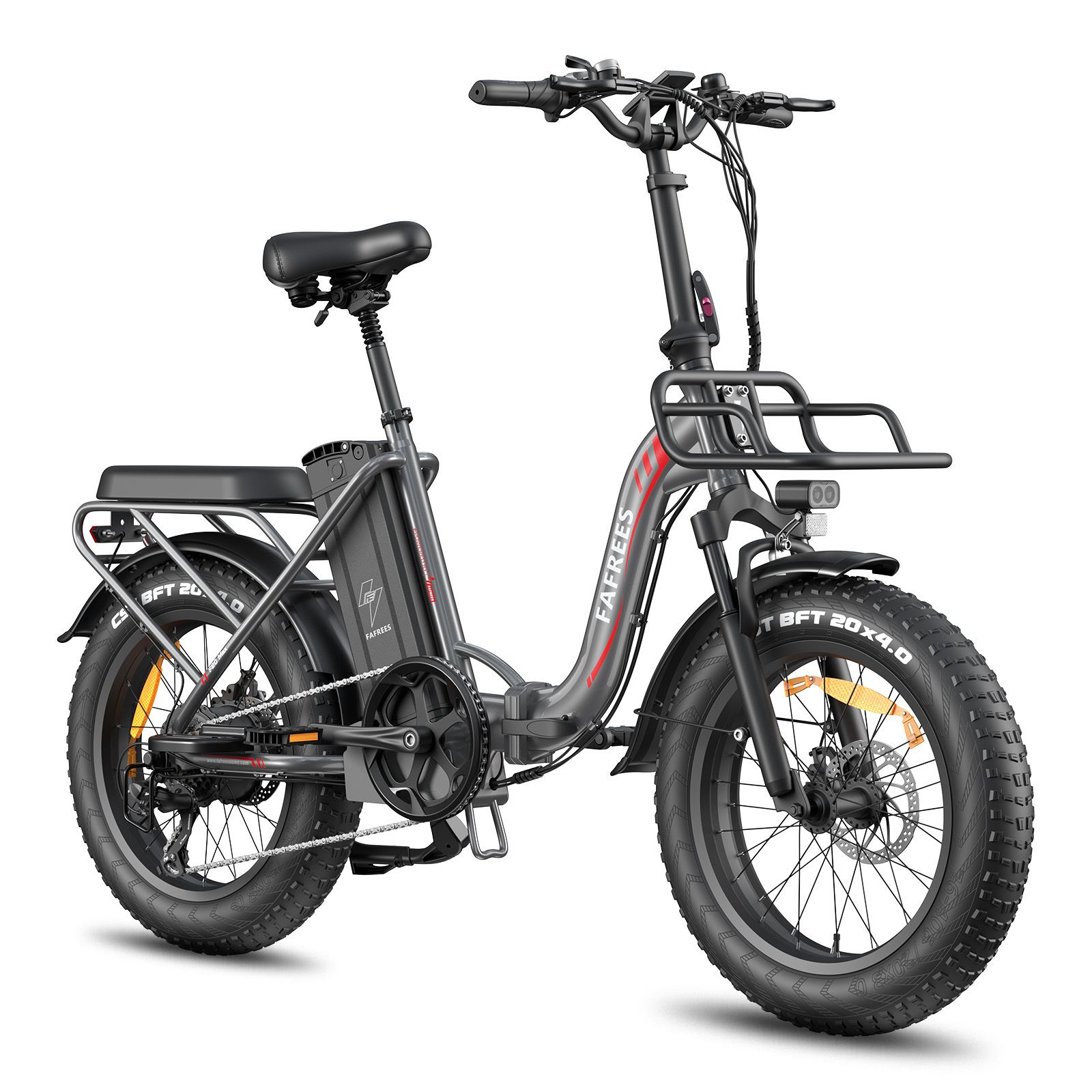 Falt-E-Bike mit breiten Reifen, Gepäckträger, Frontkorb und Scheinwerfer. Marke FAFREES.