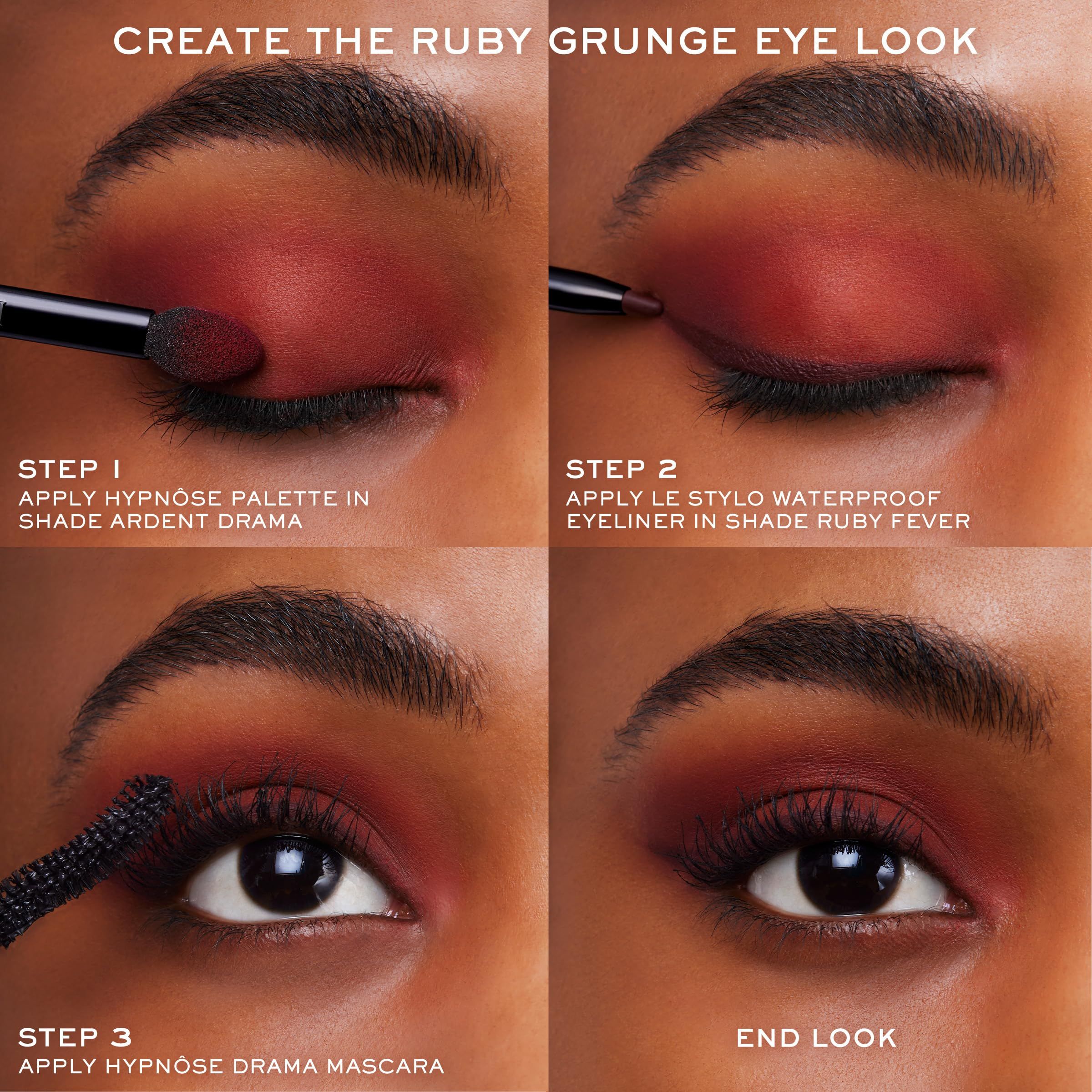 Schritt-für-Schritt-Anleitung für Augen-Make-up. Text: Create the Ruby Grunge Eye Look.