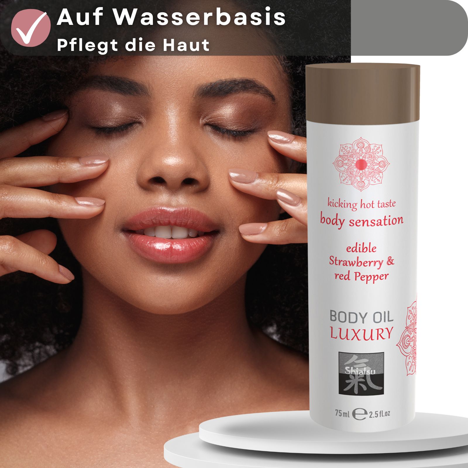 Produktflasche neben einer Frau. Textfeld: Auf Wasserbasis, pflegt die Haut.
