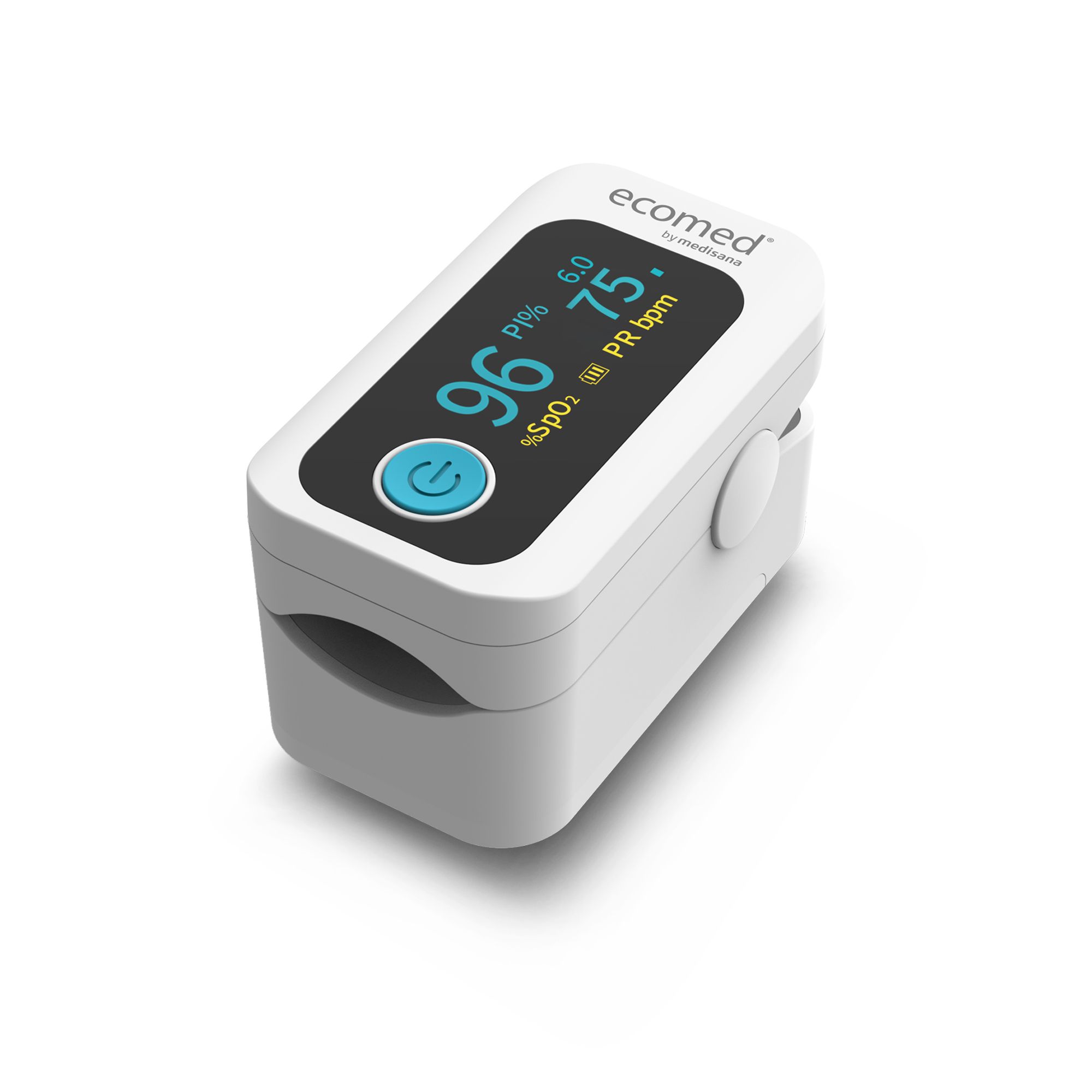 Weißes Pulsoximeter mit Display. Zeigt %SpO2 und PR bpm an. Marke: ecomed by medisana.