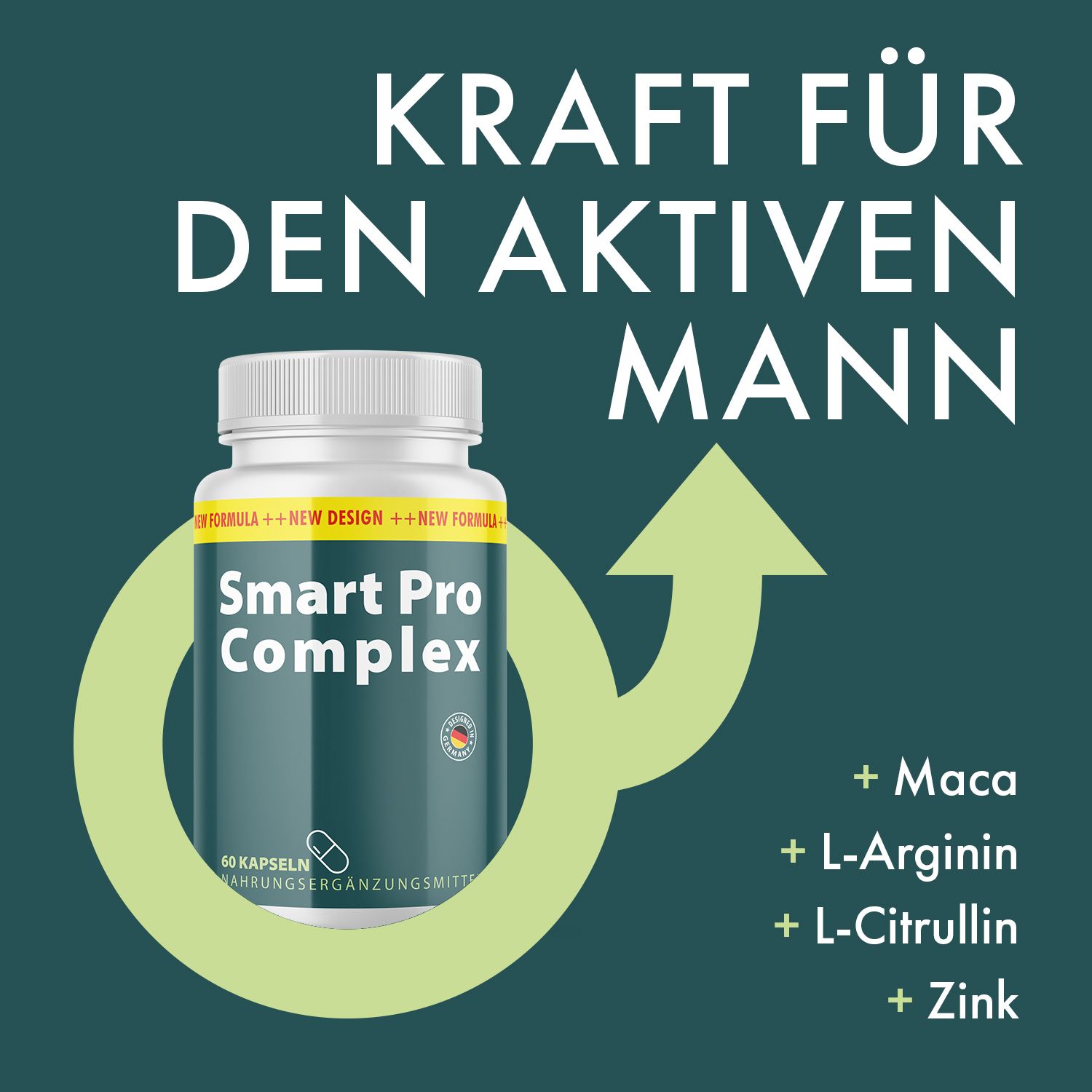 Flasche Smart Pro Complex Kapseln, umgeben von grüner Grafik. Text: Kraft für den aktiven Mann. Inhaltsstoffe: Maca, L-Arginin, L-Citrullin, Zink.