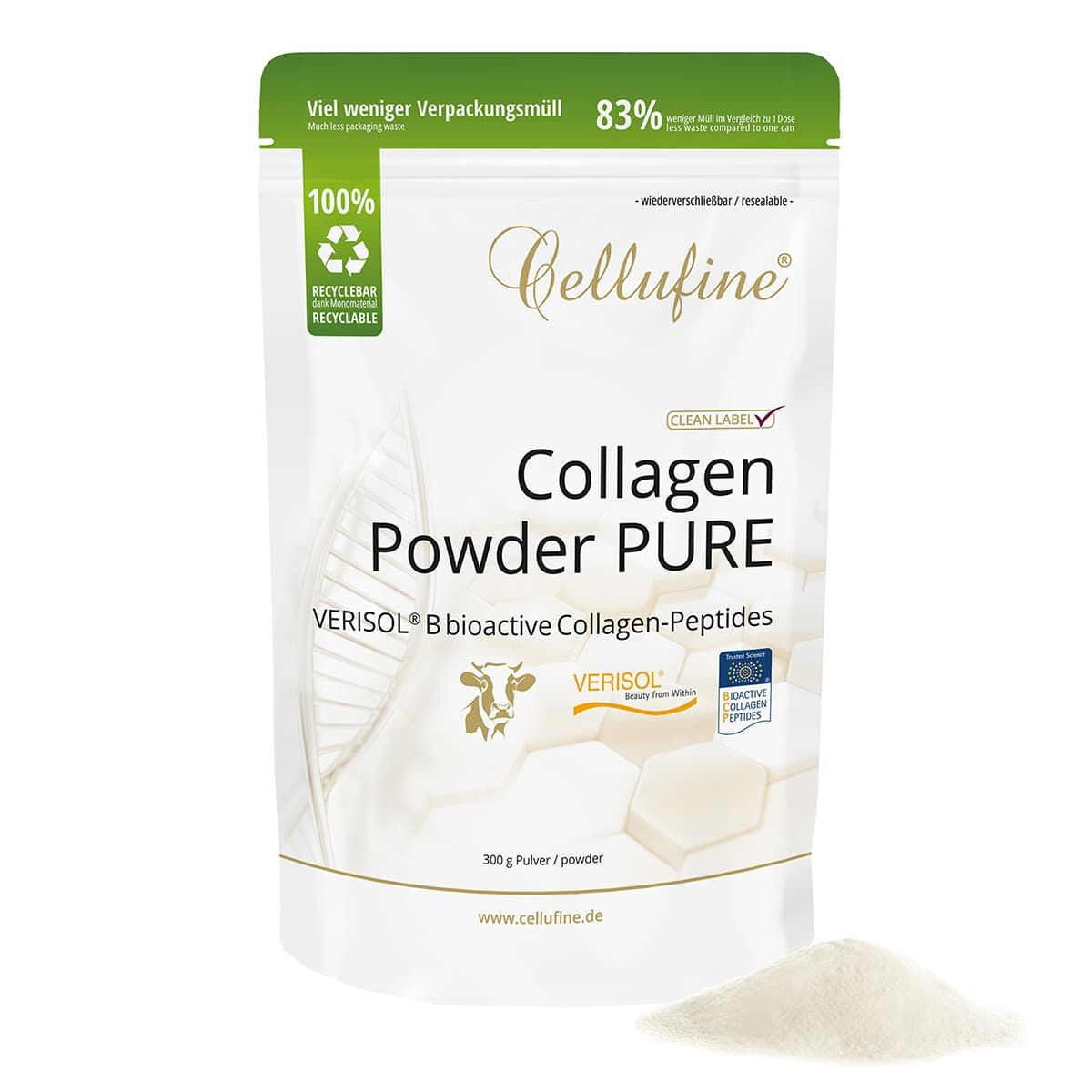 Cellufine Collagen Powder Pure Doypack. 100% recycelbar. Enthält VERISOL® B Collagen-Peptide. Pulver und Verpackung.
