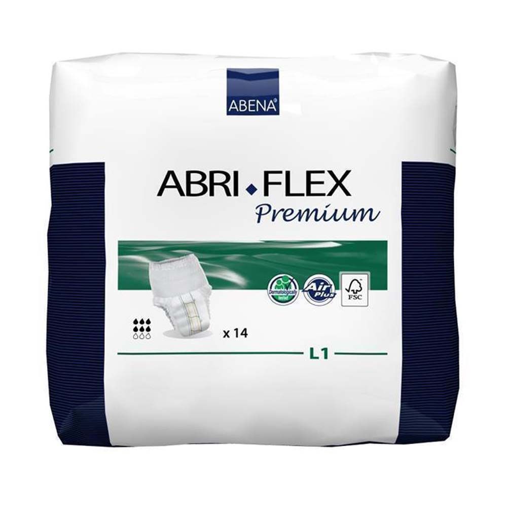 Abena Abri-Flex Premium L1, Packung mit 14 Stück. Weiß-blaue Verpackung mit Produktabbildung und Logos.