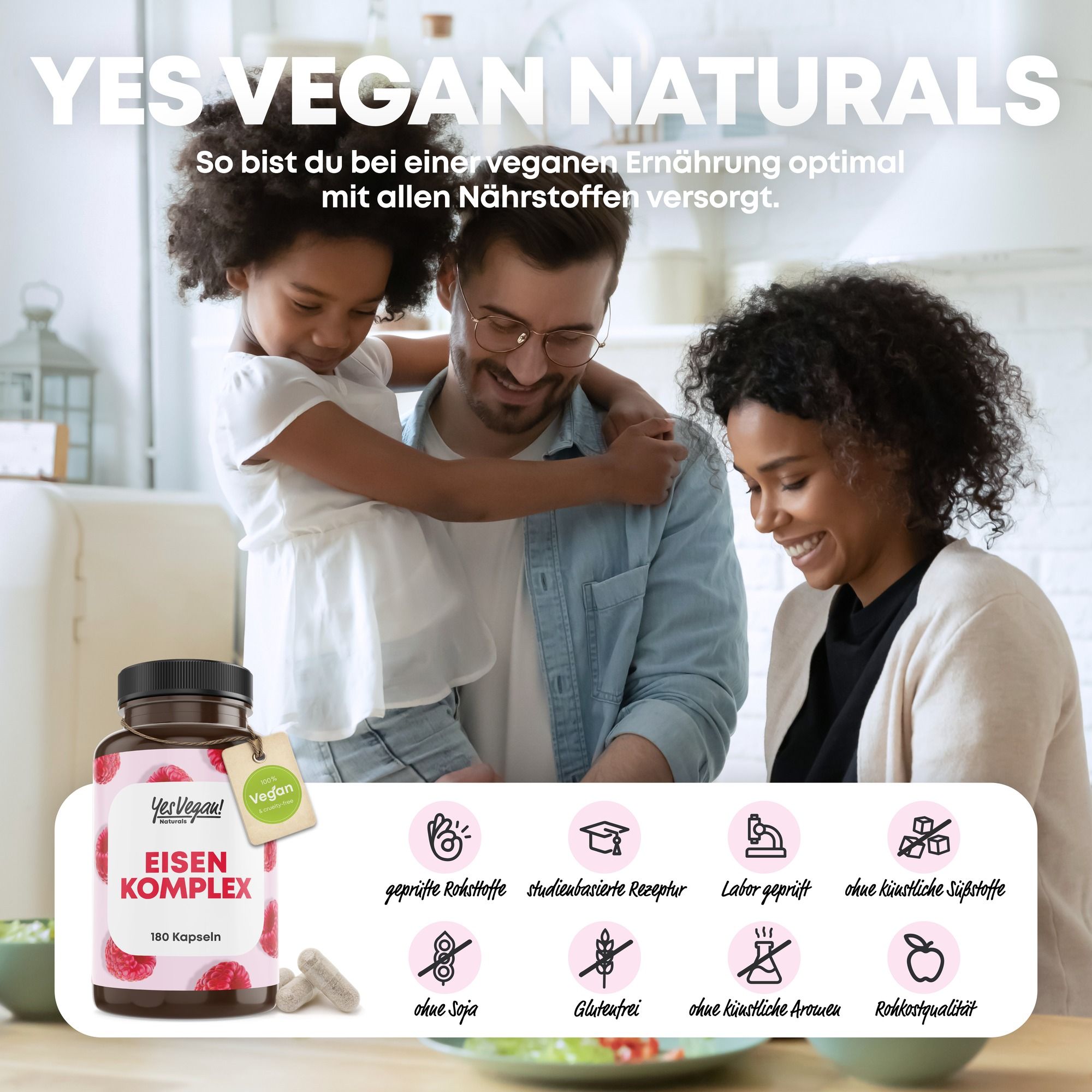 Familie im Hintergrund. "YES VEGAN NATURALS". Dose "EISEN KOMPLEX" und Icons.