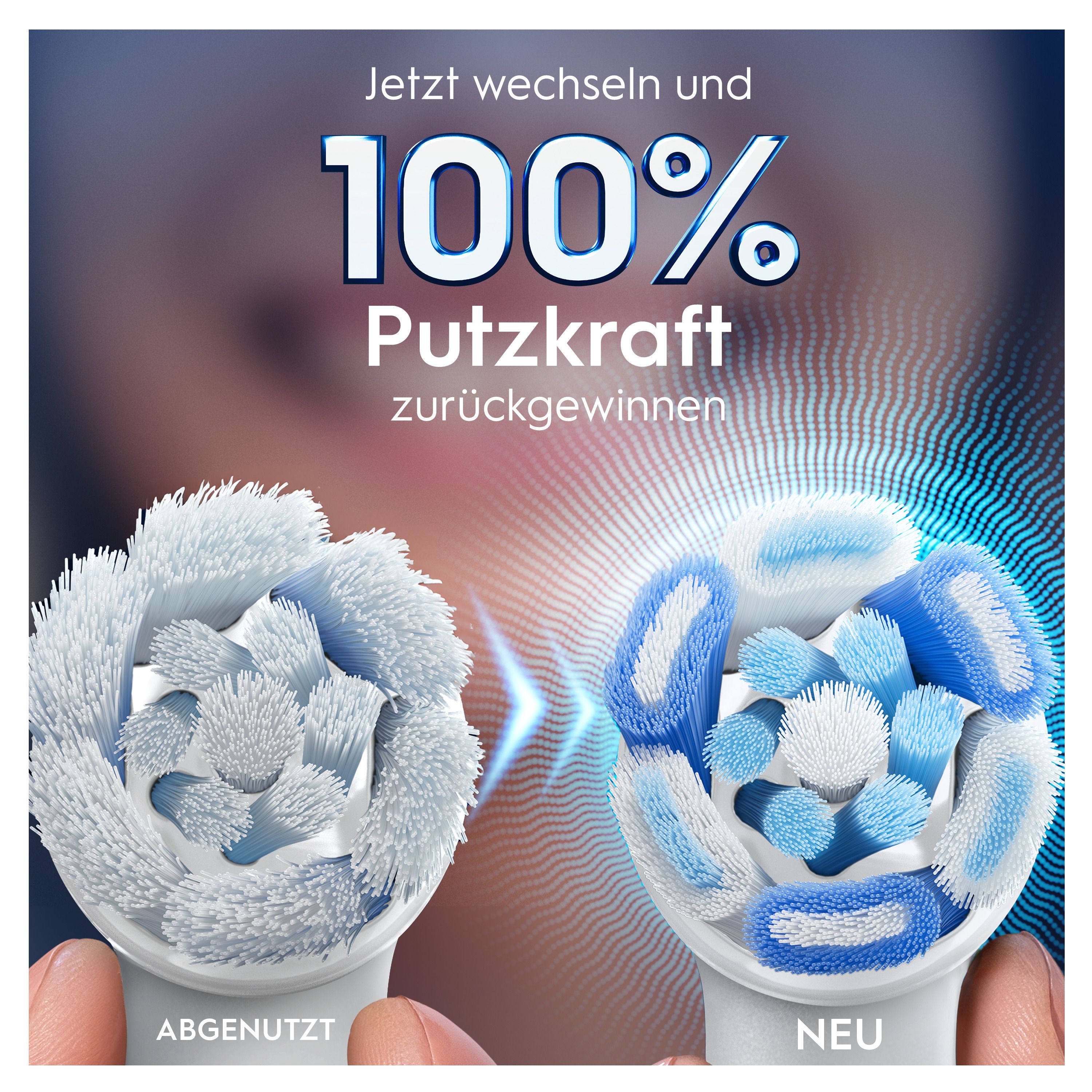 Zahnbürstenköpfe: abgenutzt und neu. Text: 100% Putzkraft zurückgewinnen.