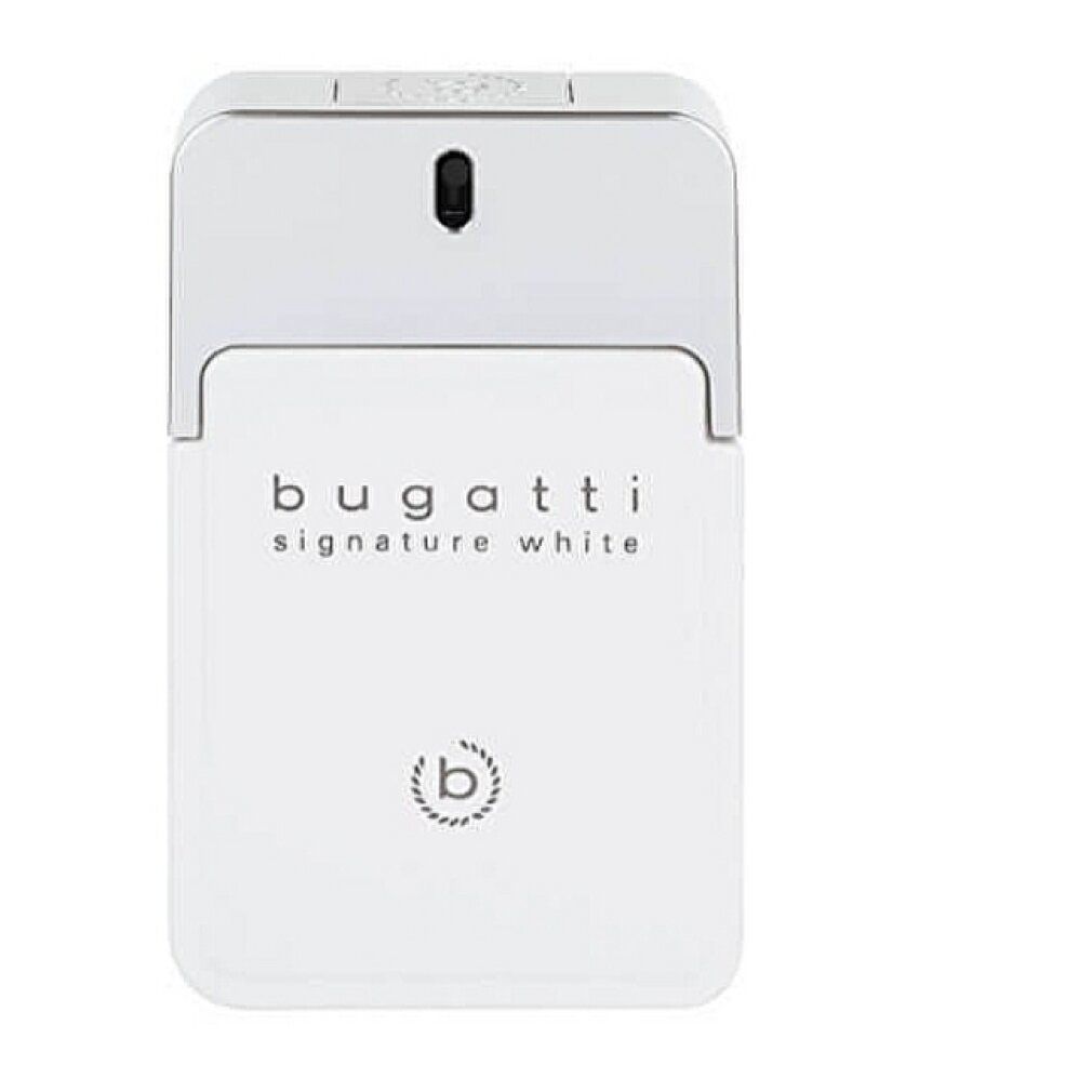 Weißes Eau de Toilette mit silberner Kappe. Aufschrift: Bugatti Signature White. Logo 'b'.