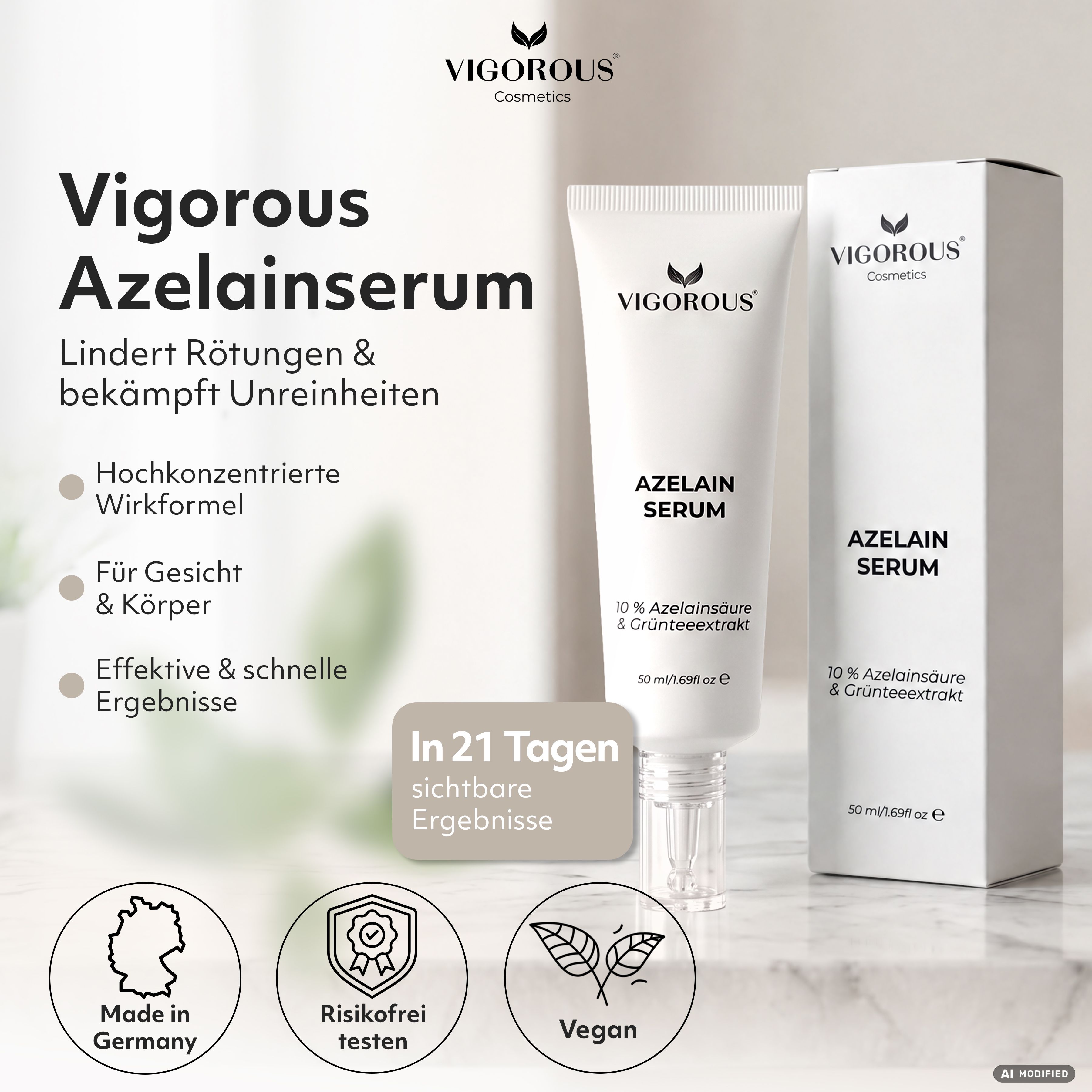 VIGOROUS Azelain Serum Tube und Faltschachtel, Made in Germany, risikofrei getest, vegan.