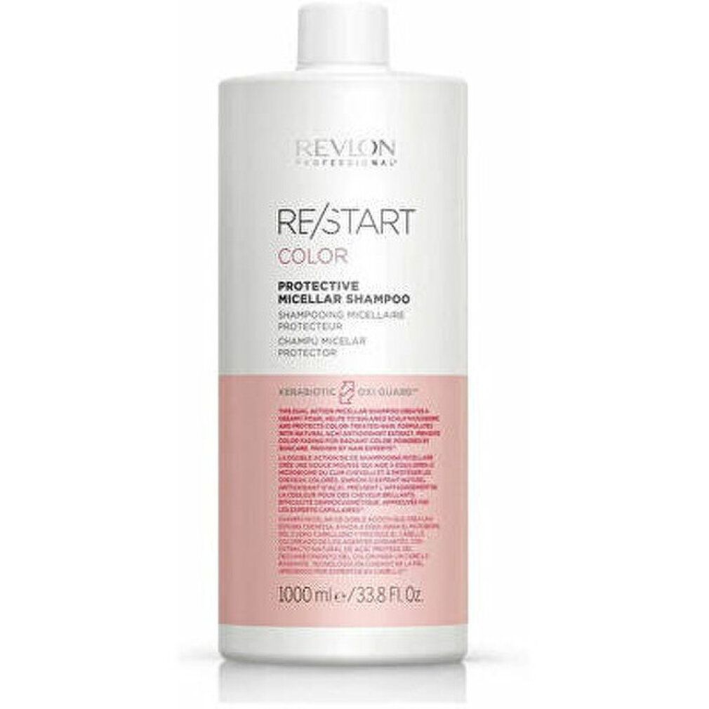 Weißer Behälter mit rosa Etikett. Aufschrift: Revlon, Re/Start Color, Protective Micellar Shampoo. 1000 ml.