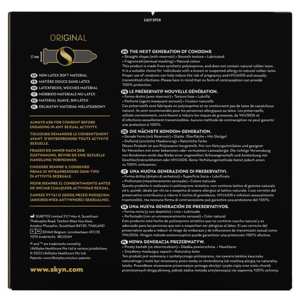 Rückseite der SKYN Original Verpackung. Text in mehreren Sprachen, darunter Deutsch. Informationen zu Inhaltsstoffen und Gebrauch.