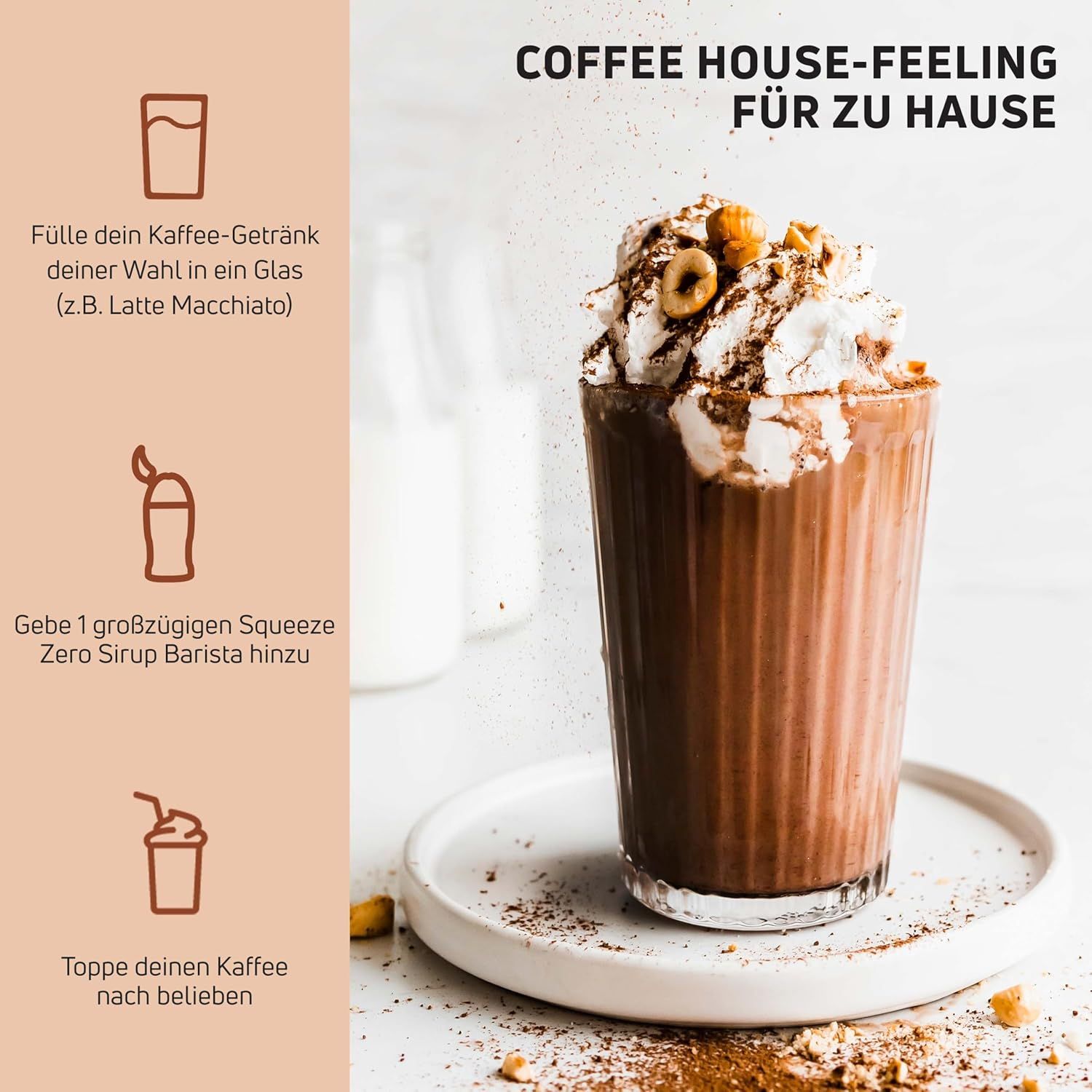 Glas Kaffee mit Sahne, Haselnüssen. Anweisungen: Kaffeegetränk, Zero Sirup Barista hinzufügen, Kaffee toppen. Hintergrund: Milchflaschen.