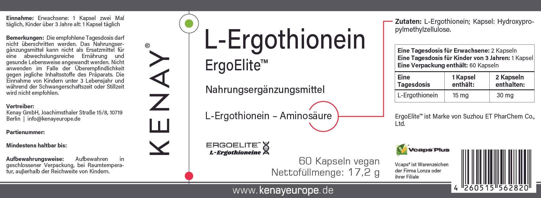 Etikett mit Produktnamen L-Ergothionein ErgoElite™ KENAY®, Text und Logo. Enthält 60 Kapseln. Zusammensetzung und Dosierung.