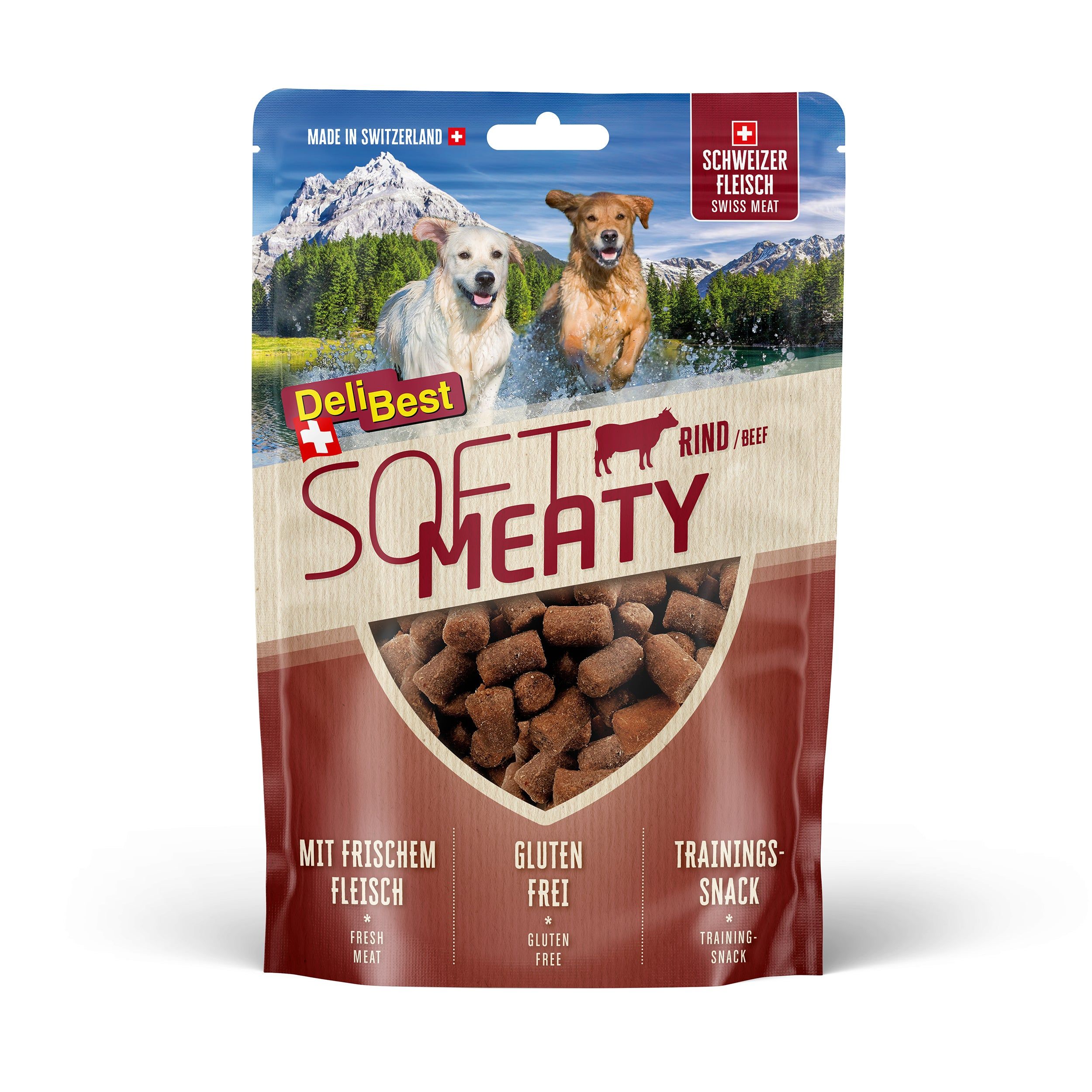 Verpackung mit Soft Meaty Snacks. Sichtbar: Produkt, Hunde, Schweizer Fleisch-Logo, Schriftzug DeliBest, Rind/Beef, glutenfrei, Trainings-Snack.