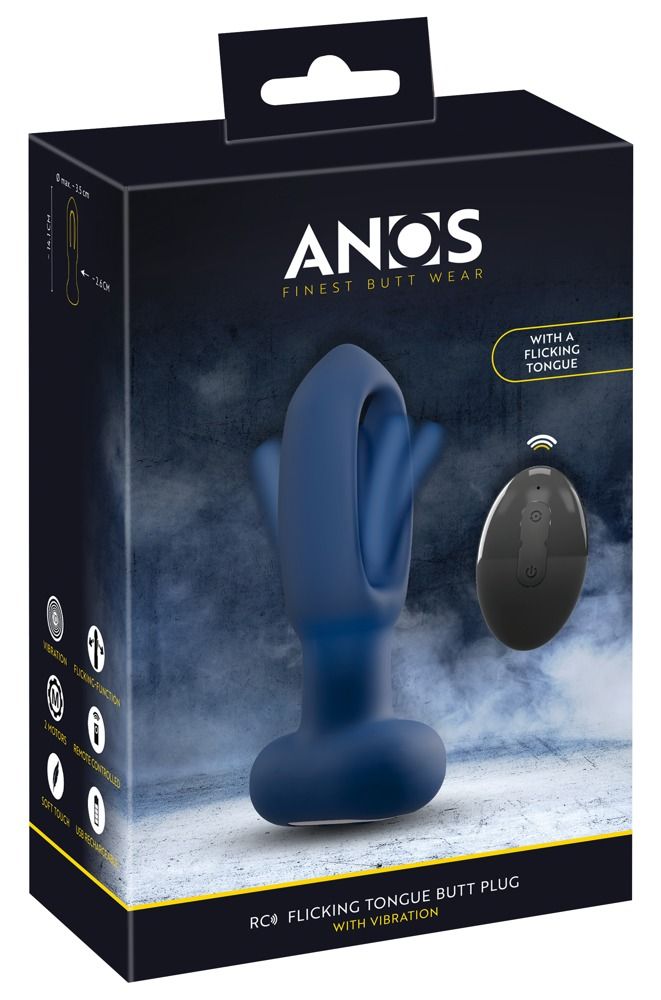 Verpackung eines blauen Analplugs mit Flicking-Tongue-Funktion und Fernbedienung.