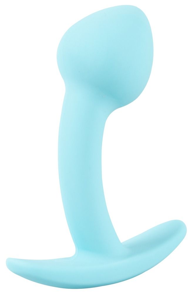 Hellblauer Analplug mit gebogener Form. Besteht aus einem runden Kopf, einem gebogenen Schaft und einem flachen, gebogenen Boden.