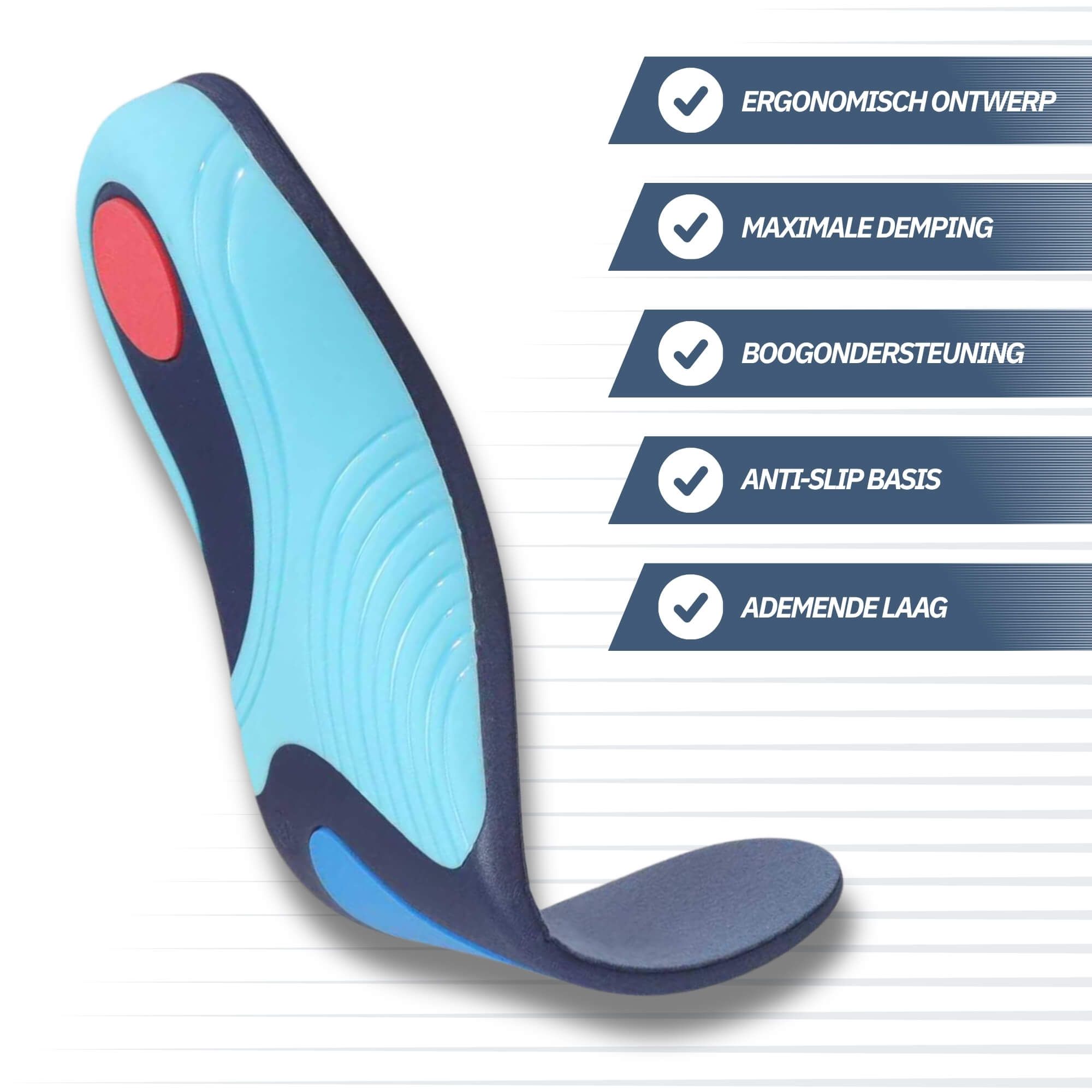 Ergonomische Einlegesohle mit maximaler Dämpfung, Bogensupport, rutschfester Basis und atmungsaktiver Schicht.