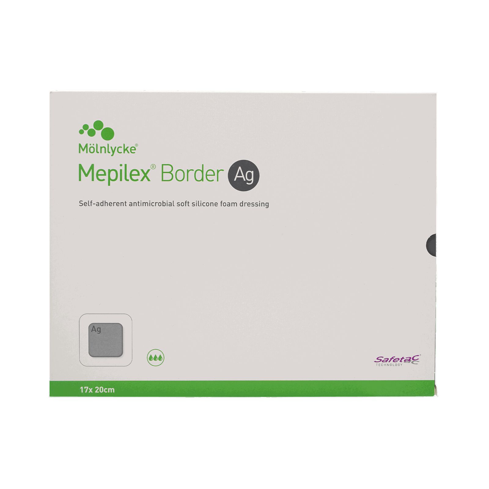 Verpackung von Mepilex Border Ag. Weiß mit grünem Streifen. Produktname und Logo. Abmessung 17x20 cm.