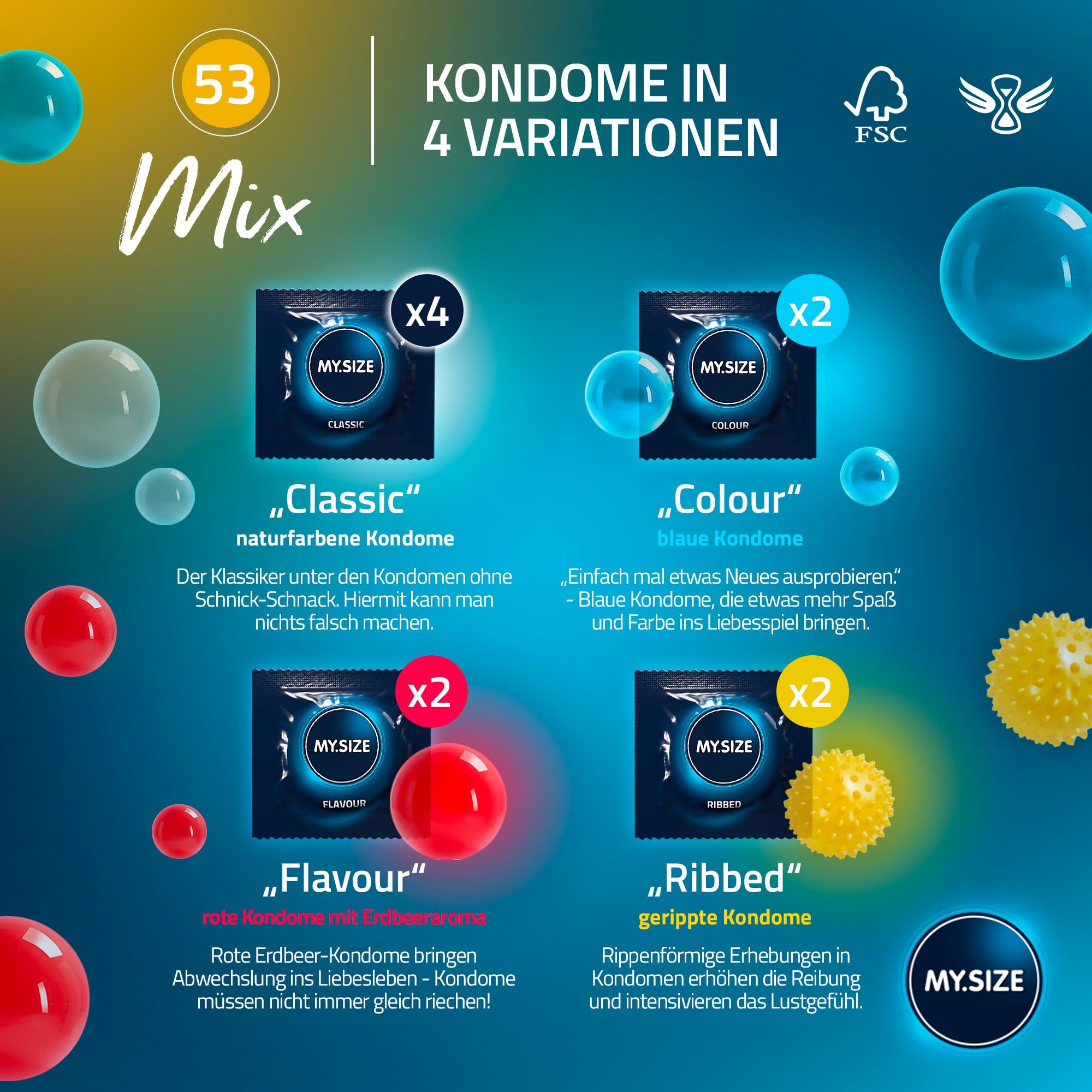 25 Kondome, 49 mm nominale Breite, Naturkautschuklatex, vegane Herstellung.
