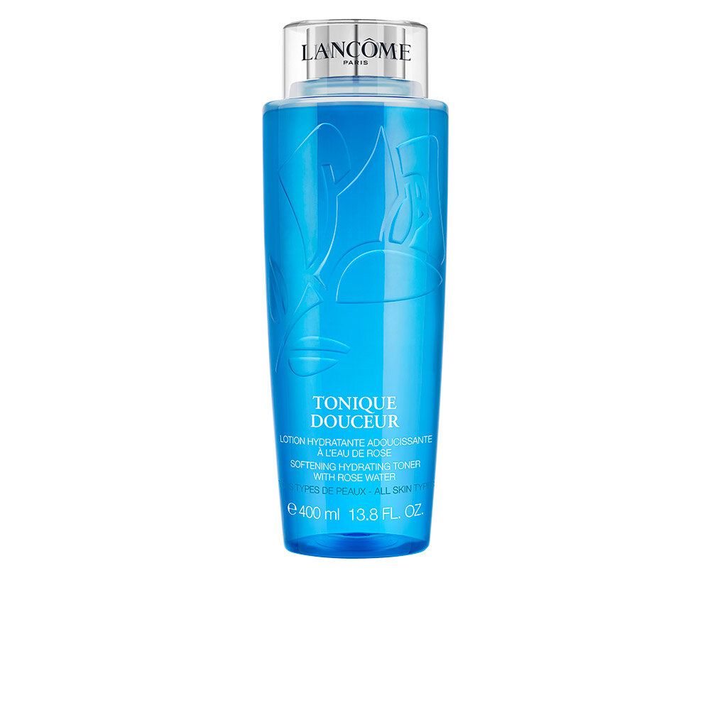 Blaues Gesichtswasser mit silbernem Deckel. Aufschrift: TONIQUE DOUCEUR, LANCÔME. 400 ml. Mit Rosenwasser. Für alle Hauttypen.