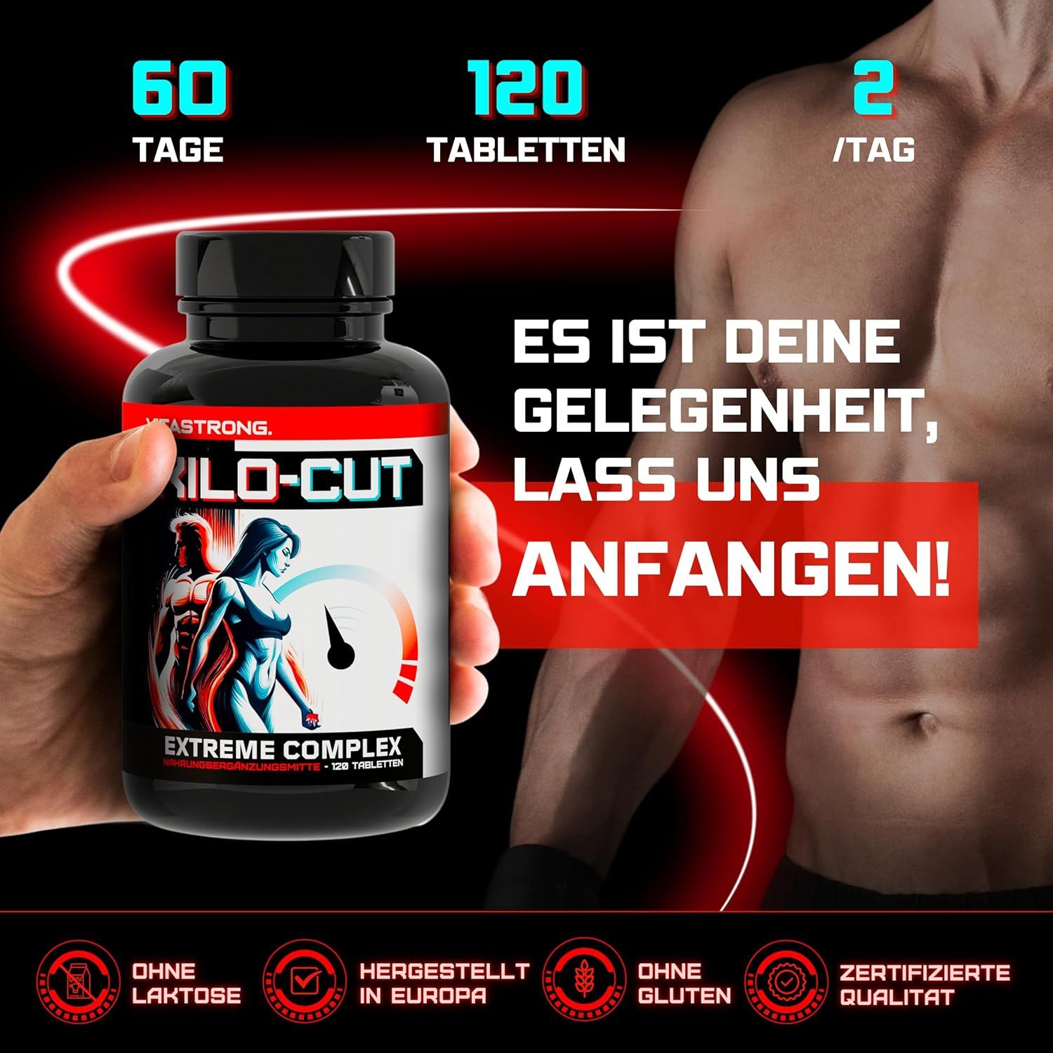 Vitastrong KILO-CUT Flasche. 120 Tabletten. 60 Tage. Ohne Laktose, Gluten. Hergestellt in Europa. Zertifizierte Qualität.