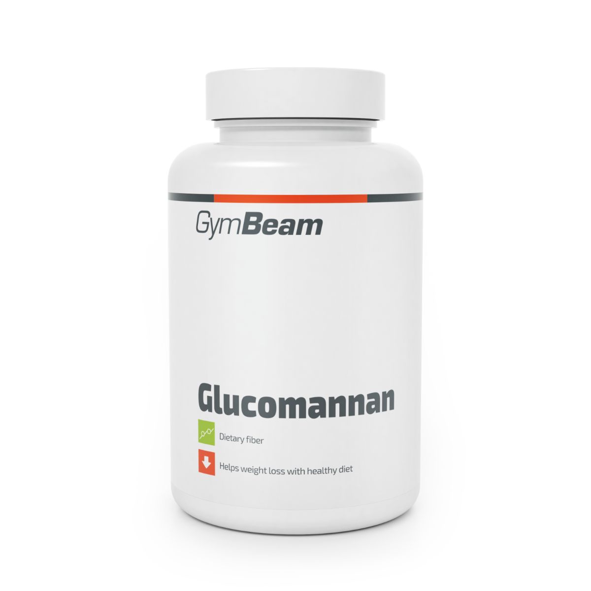 GymBeam Glucomannan Flasche mit Etikett, das 'Dietary Fiber' und 'Helps weight loss with healthy diet' angibt.