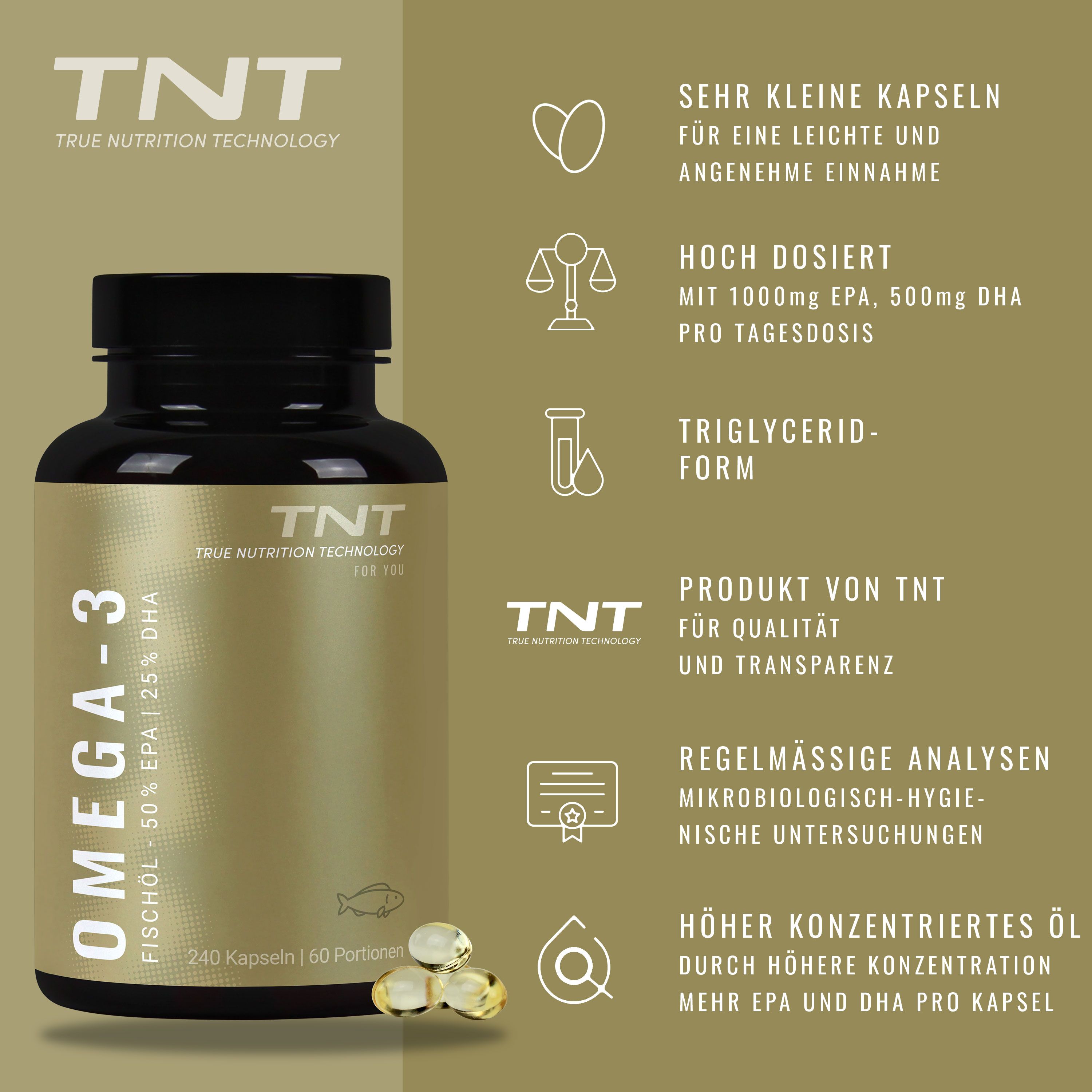 Flasche mit TNT Omega-3 Fischöl Kapseln. Text: Omega-3, 50% EPA, 25% DHA. Icons: Herz, Waage, Reagenzglas, TNT Logo, Zertifikat, Tropfen.