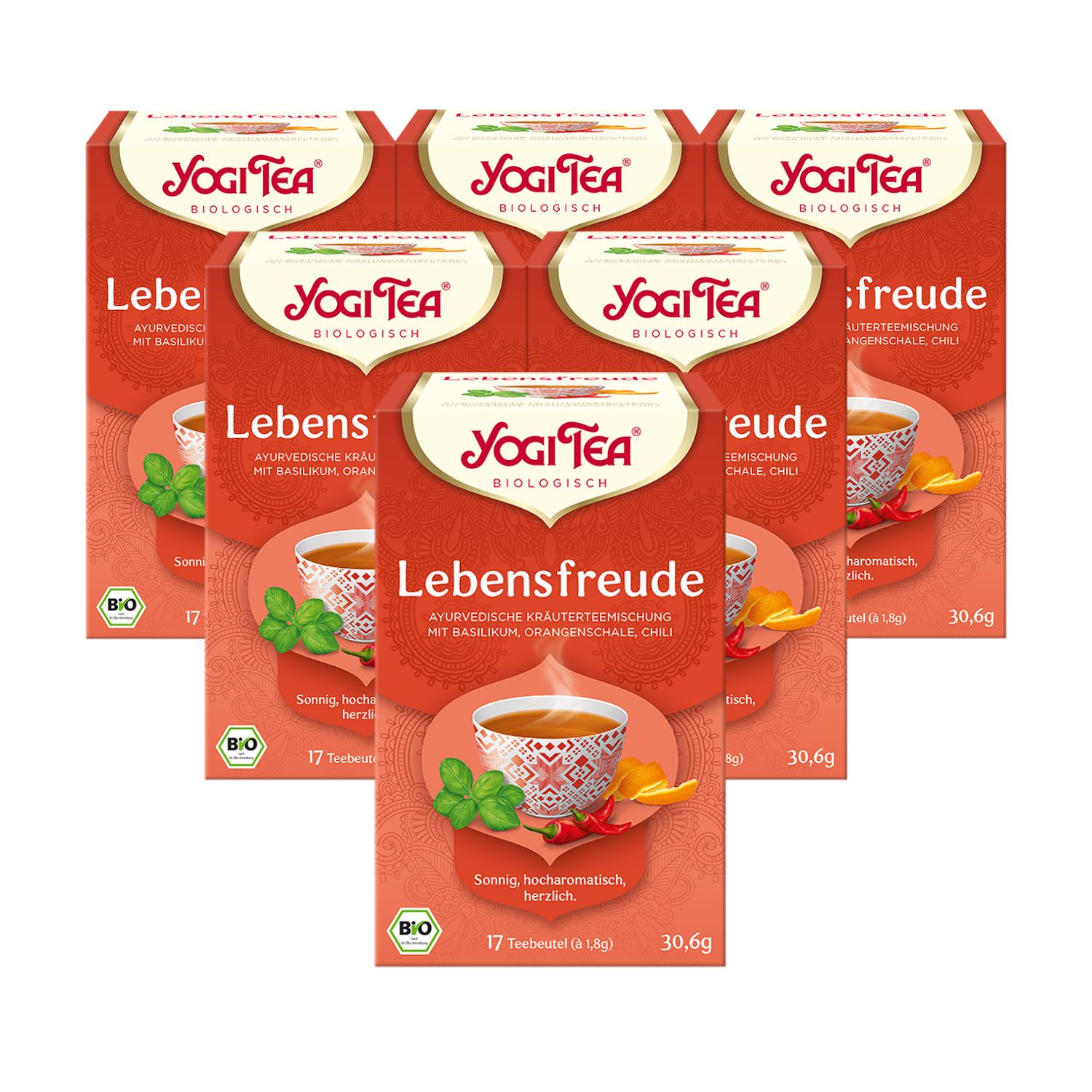 Mehrere Packungen Yogi Tea Lebensfreude. Rote Verpackung mit Logo und Produktinformationen. Bio-Siegel.