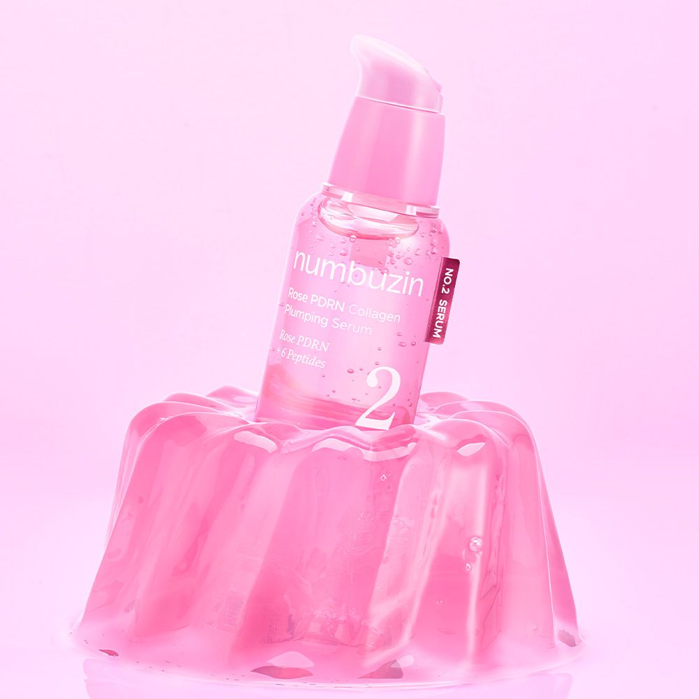 Numbuzin No.2 Rose PDRN Collagen Plumping Serum auf rosa Gelee.