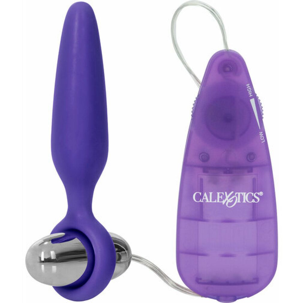 Lila Vibrator mit silbernem Metallaufsatz und transparentem lila Fernbedienungsgehäuse mit "CALEXTICS"-Logo.