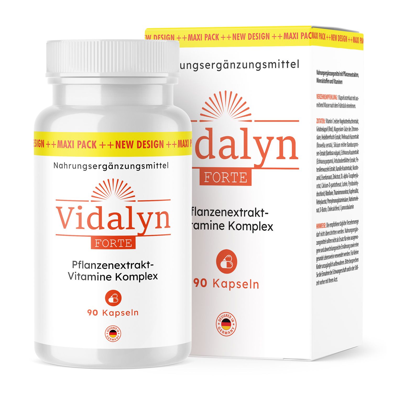 Vidalyn Forte Kapseln in einer weißen Flasche und Verpackung. Aufschrift: Pflanzenextrakt-Vitamine Komplex, 90 Kapseln. Mit deutschem Qualitätssiegel.