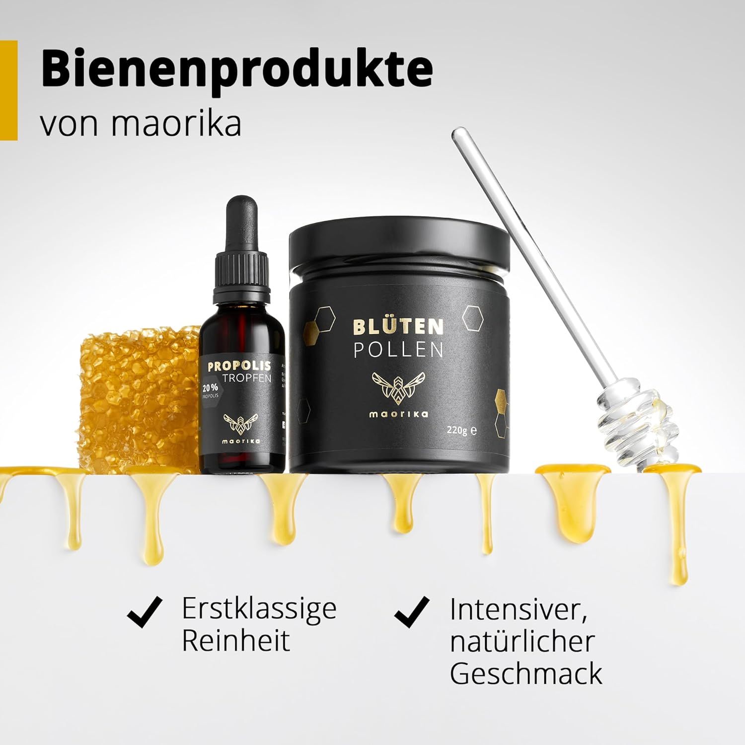 Verschiedene Bienenprodukte: Tropfen, Blütenpollen, Honig. Text: Bienenprodukte von maorika, Erstklassige Reinheit, Intensiver, natürlicher Geschmack.