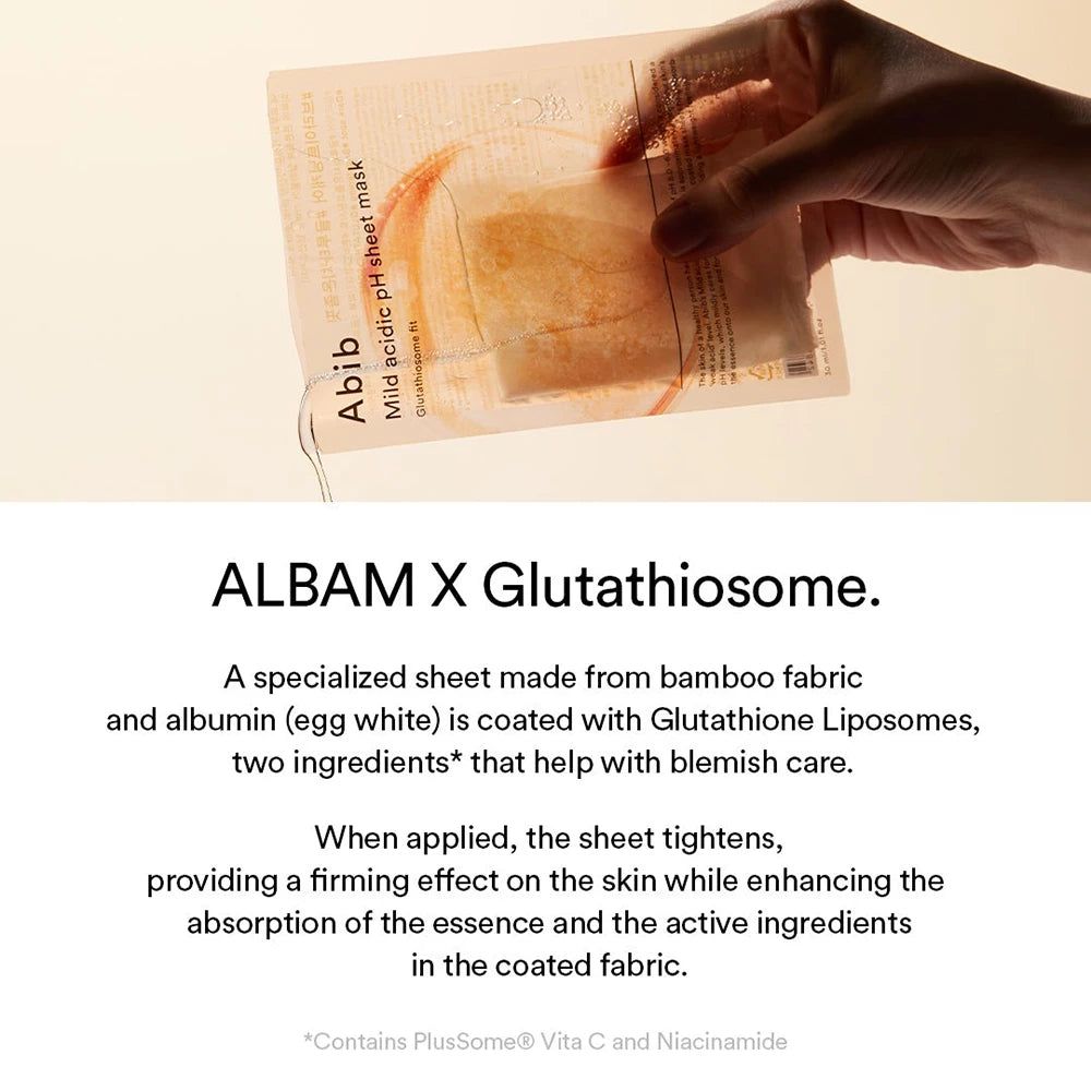 Verpackung der ABIB Mild Säure pH Tuchmaske. Aufschrift: Abib, Mild acidic pH sheet mask. Produktbeschreibung und Inhaltsstoffe.