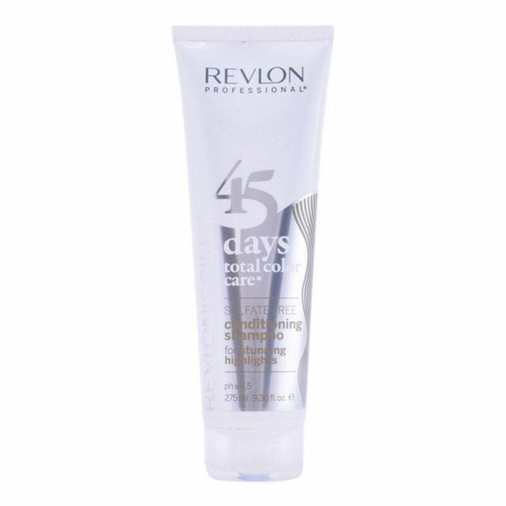 Revlon Revlonissimo 45 Days Shampoo. Weiße Tube mit silberner Schrift. Enthält "Sulfate Free Conditioning Shampoo for highlighting highlights".