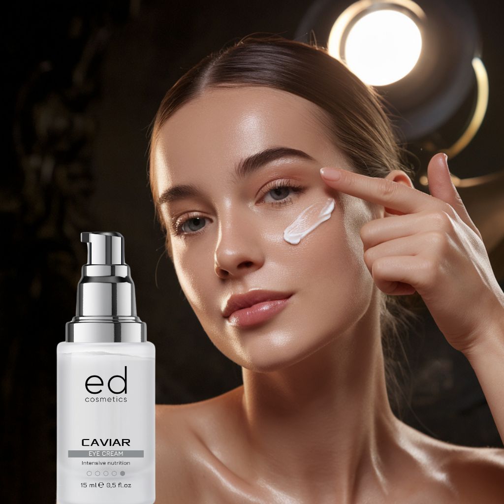 Frau trägt Augencreme auf. Flakon mit silbernem Pumpkopf. Text: ED cosmetics, Caviar Eye Cream, 15 ml.