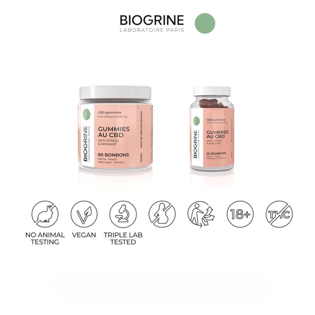 Zwei Dosen BIOGRINE CBD Gummies. Aufschrift: Gummies au CBD, 60 und 25 Bonbons. Logos: Vegan, 18+, THC-frei.