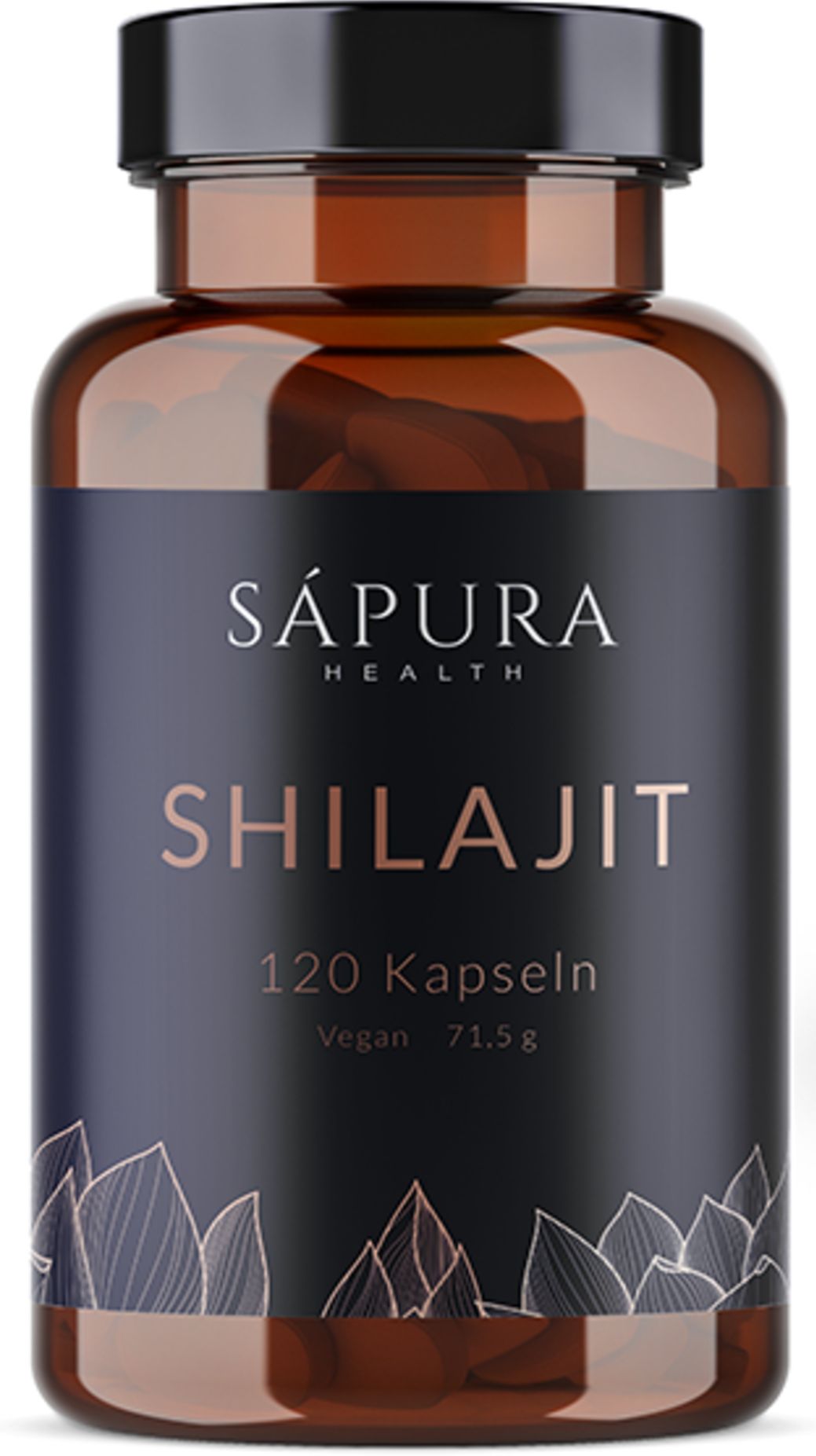 Braune Kapsel-Dose. Beschriftung: SAPURA HEALTH, SHILAJIT, 120 Kapseln, Vegan. Produktetikett mit floralem Muster.