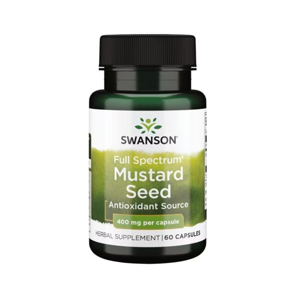 Grüne Flasche mit schwarzem Deckel. Aufschrift: SWANSON, Full Spectrum Mustard Seed, Antioxidant Source, 400 mg pro Kapsel, 60 Kapseln.