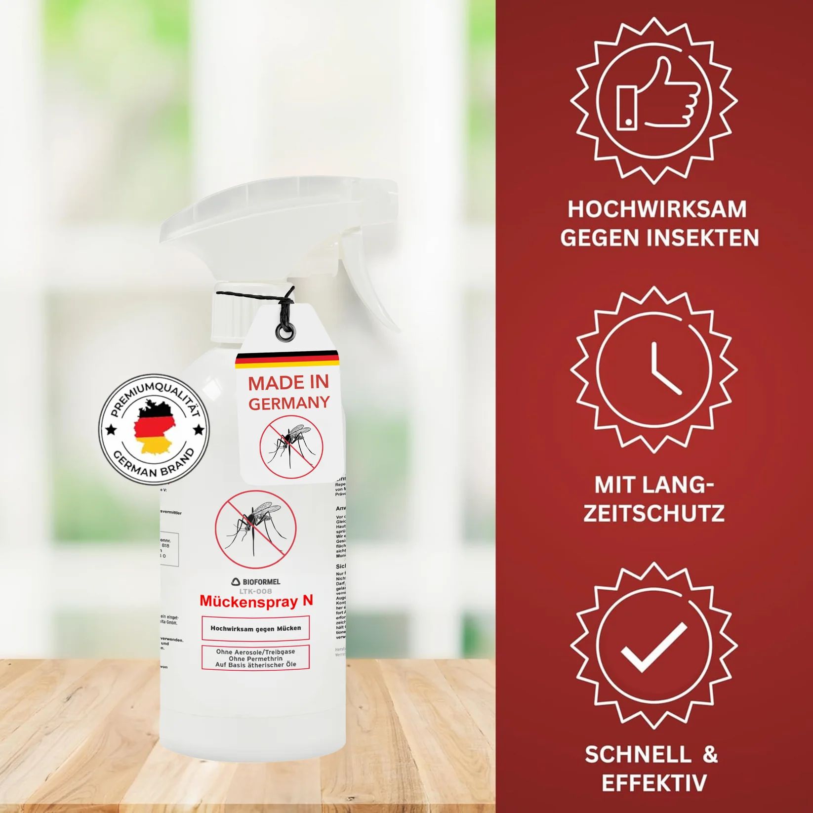 Weißes Spray mit Sprühkopf. Aufschrift: Mückenspray N. Logos: Made in Germany, Premium Qualität.