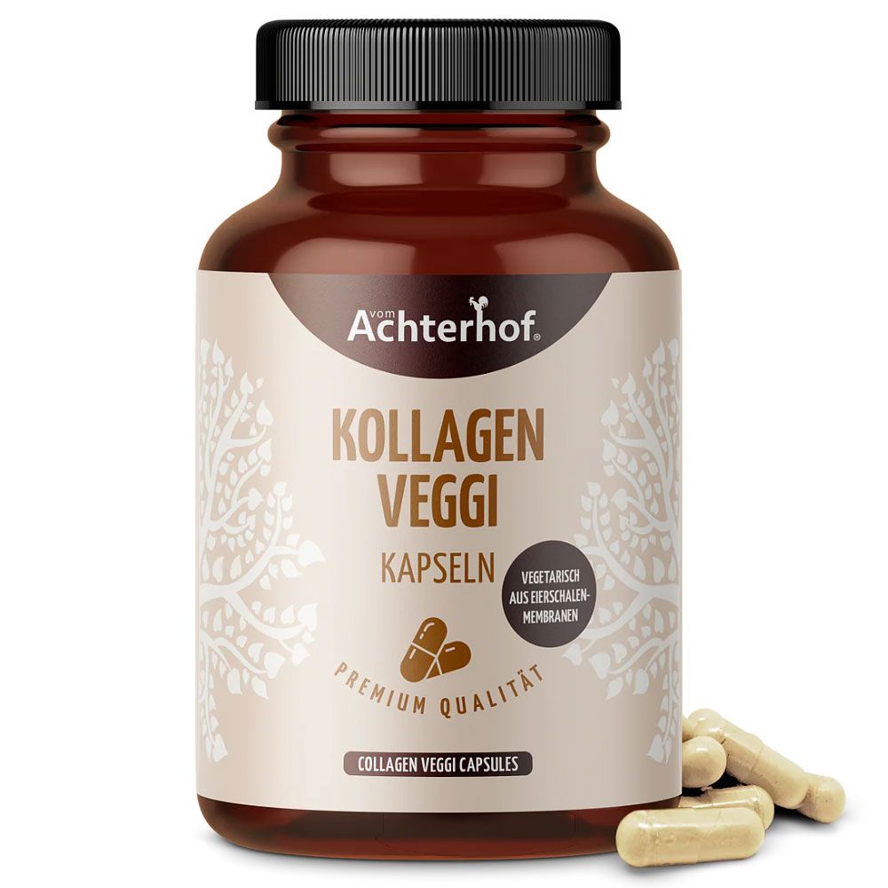 Braune Flasche mit schwarzen Deckel. Aufschrift: Achterhof Kollagen Veggi Kapseln. Einige Kapseln liegen daneben.