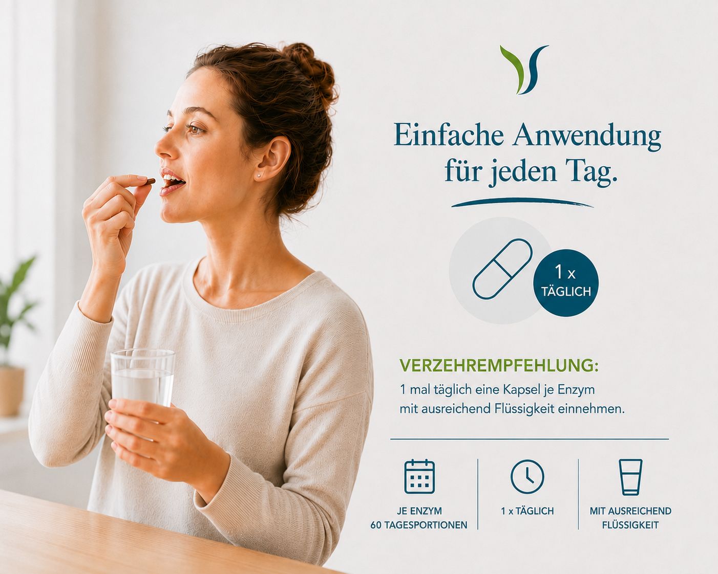 Frau nimmt eine Kapsel Vitalsee QUATTROZYM mit Wasser ein.