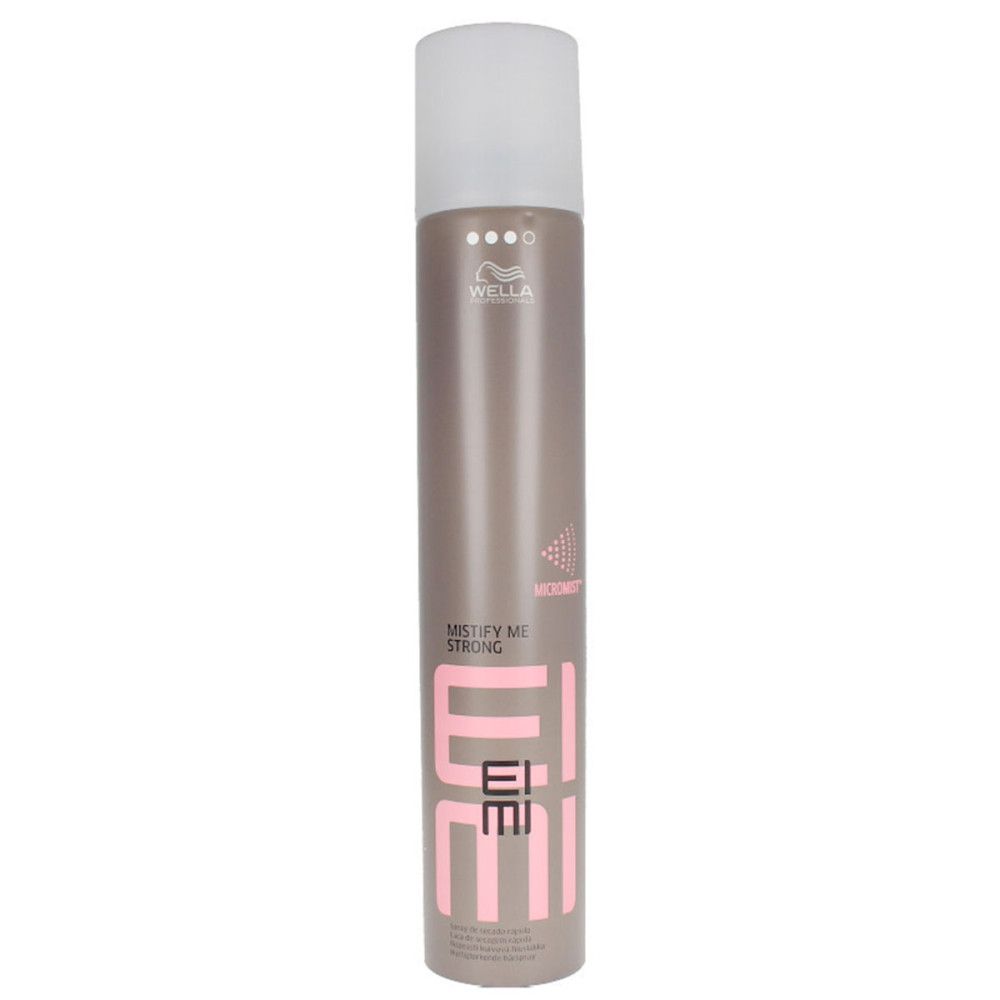 Haarspray-Dose, braun-rosa, mit weißem Deckel. Schriftzug: EIMI, MISTIFY ME STRONG, Wella.