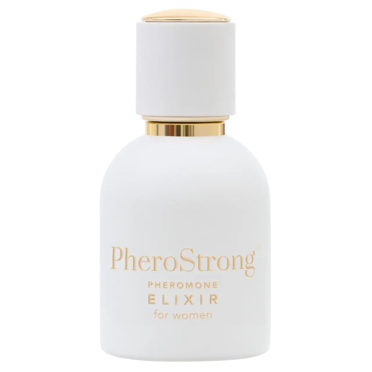 Weiße Flasche mit goldenem Verschluss. Aufschrift: PheroStrong, ELIXIR for women. Produktname in Gold.