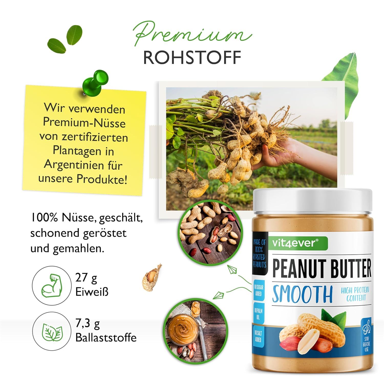 Vit4ever Erdnussbutter: Premium-Nüsse aus Argentinien, Nährwerte (Eiweiß, Ballaststoffe).