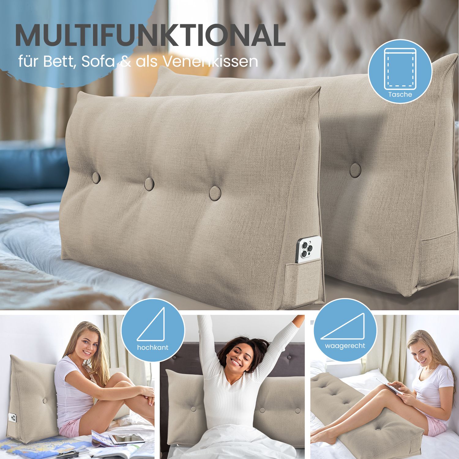 Mehrere beige Stützkissen. Eine Frau sitzt und liegt auf Betten. Kissen mit Knöpfen und Seitentasche für ein Smartphone. Verschiedene Positionen.