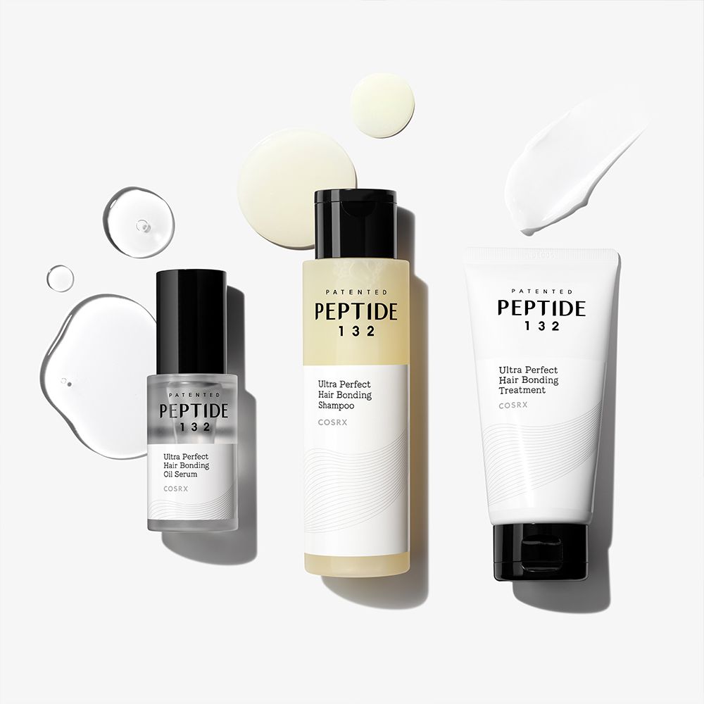 COSRX Peptide 132 Serum, Shampoo und Behandlungsprodukte mit Tropfen.