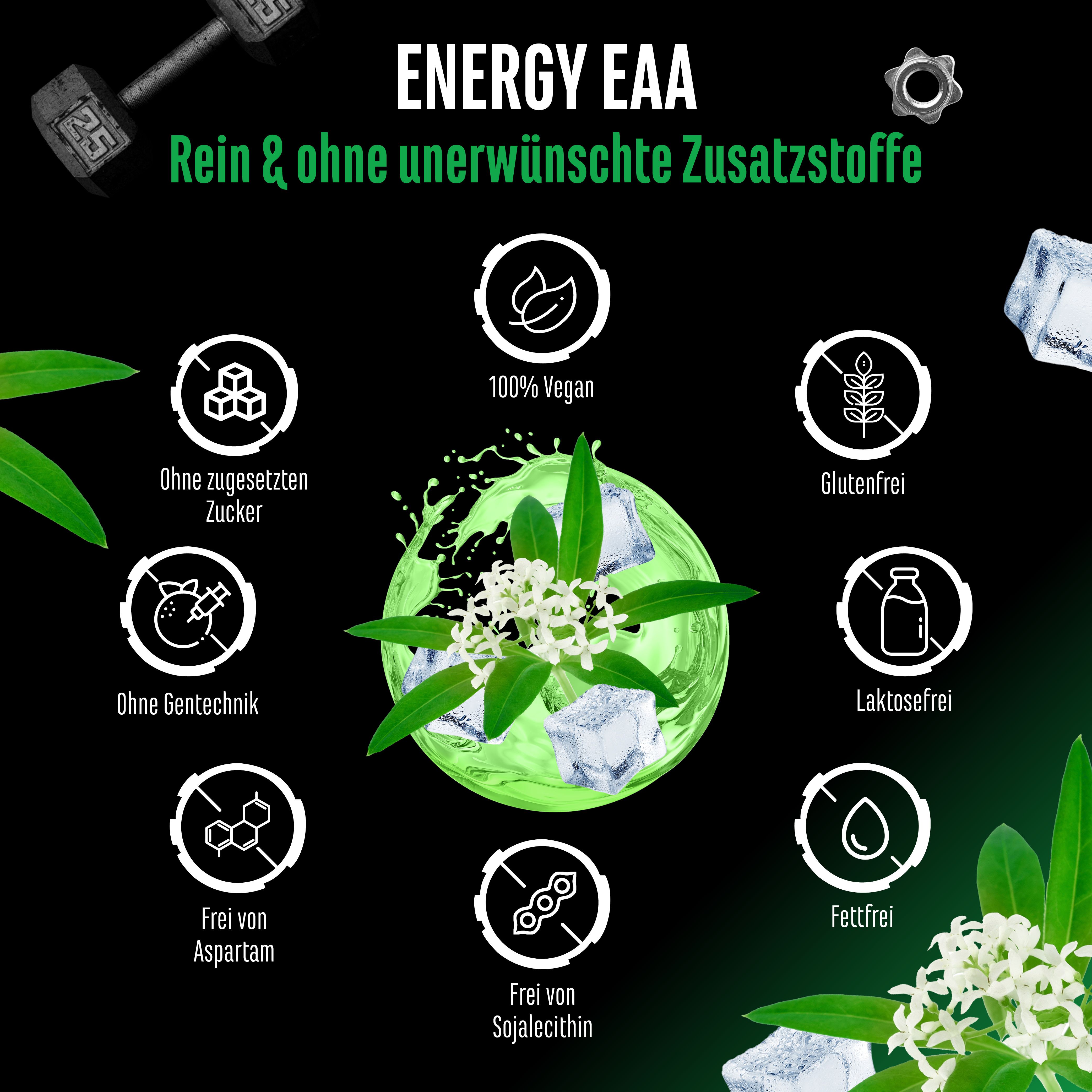 Infografik mit Icons. Ohne Zucker, ohne Gentechnik, frei von Aspartam, frei von Sojalecithin, 100% Vegan, glutenfrei, laktosefrei, fettfrei.