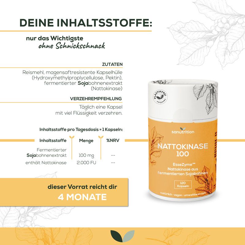 Produktinformationen: Nattokinase 100, Zutaten, Verzehrempfehlung. Dose mit 120 Kapseln. 4 Monate Vorrat.
