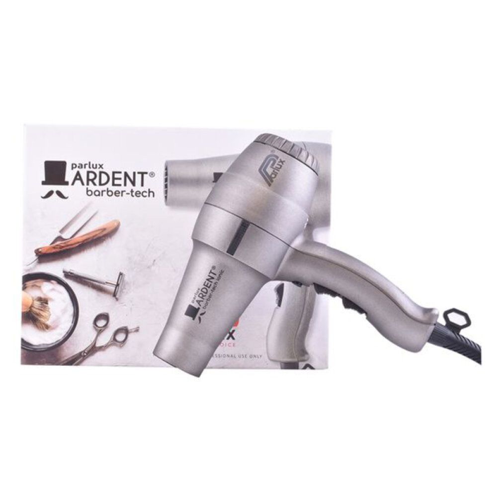 Silberner Haartrockner Parlux Ardent Barber-Tech. Zubehör und Logo auf der Verpackung. Seitliche Ansicht.