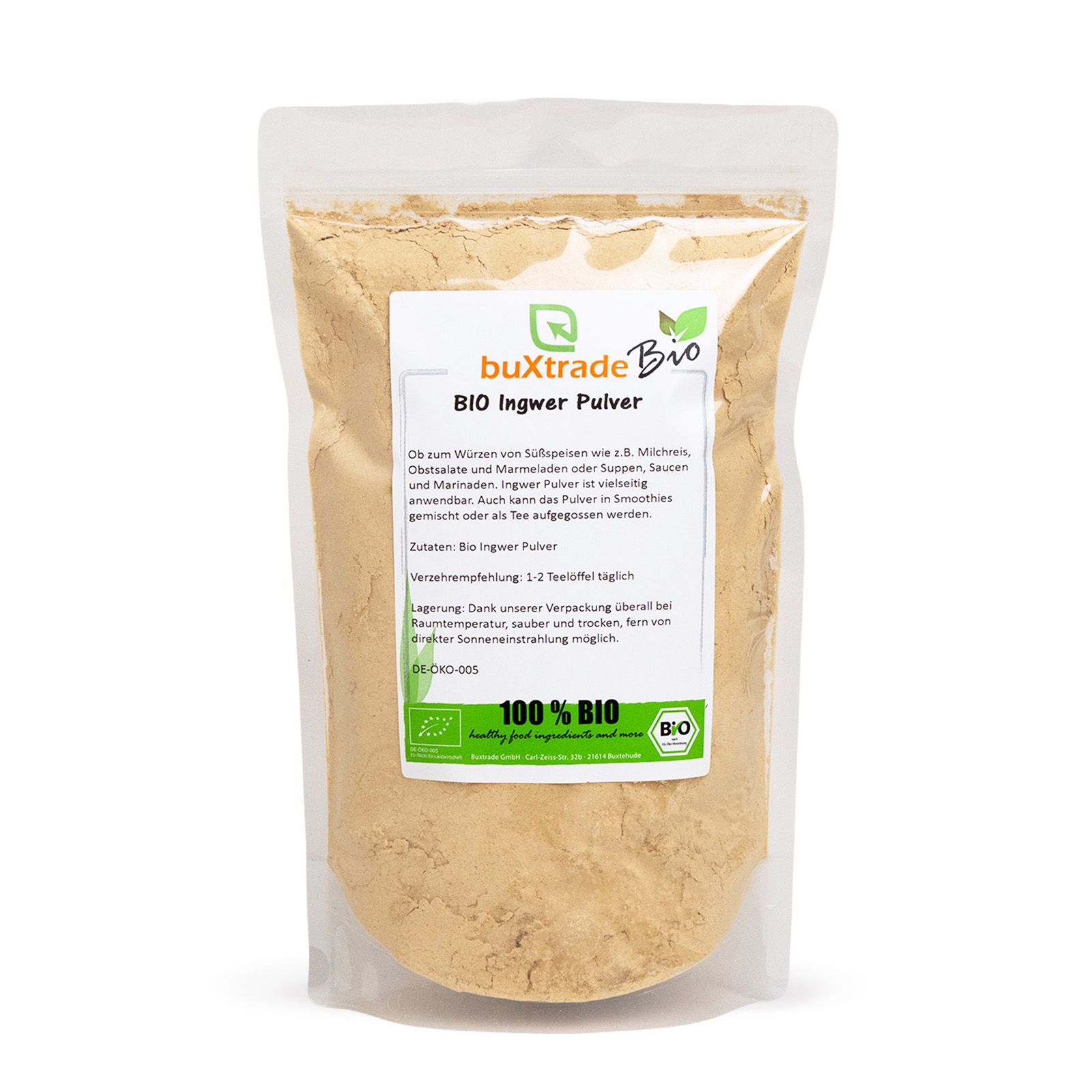 Verpackung von buXtrade Bio Ingwer Pulver. Transparente Tüte mit Etikett.