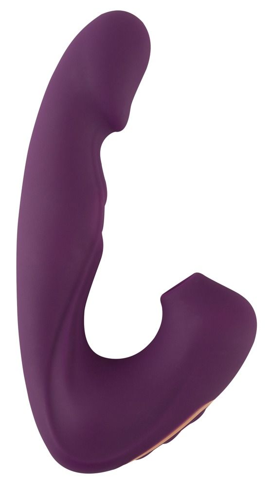 Lila Vibrator. Gebogene Form mit abgerundetem Kopf und Öffnung. Goldfarbene Akzente.